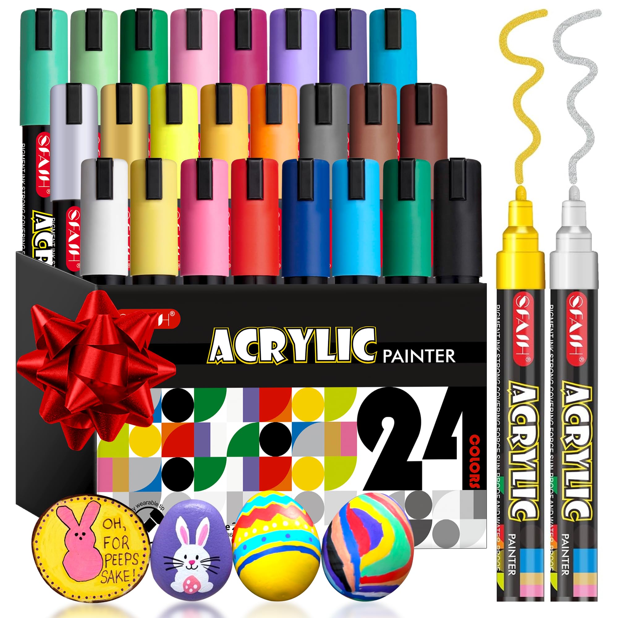 SFAIH Acrylic Creative Markers For Easter Eggs To Paint - 3mm Replaceable Nibs 24 Colors, Large Ink Capacity, Ultra-High Coverage, Non-Toxic Easter Basket Stuffers, Egg Markers for Plastic,Wood,Rock