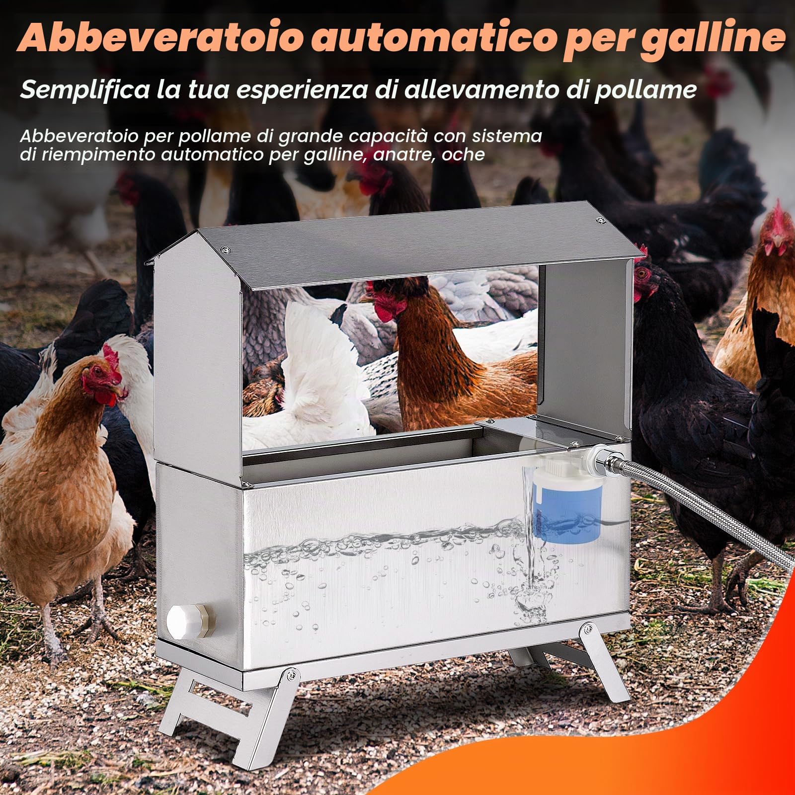 MUUALROUS 6L Abbeveratoio per Polli da Dispenser Automatico per Abbeveratoio per Pollame in Acciaio Inossidabile con Kit Valvola a Galleggiante e Alimentatore per Pollo per Gallina Anatra Oca Tacchi