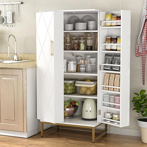 51” Pantry Cabinets, White Freestanding Kitchen Pantry Storage Cabinet with Adjustable Shelves, Buffet Cupboards Storage Cabinet for Home Office Use, White + Gold