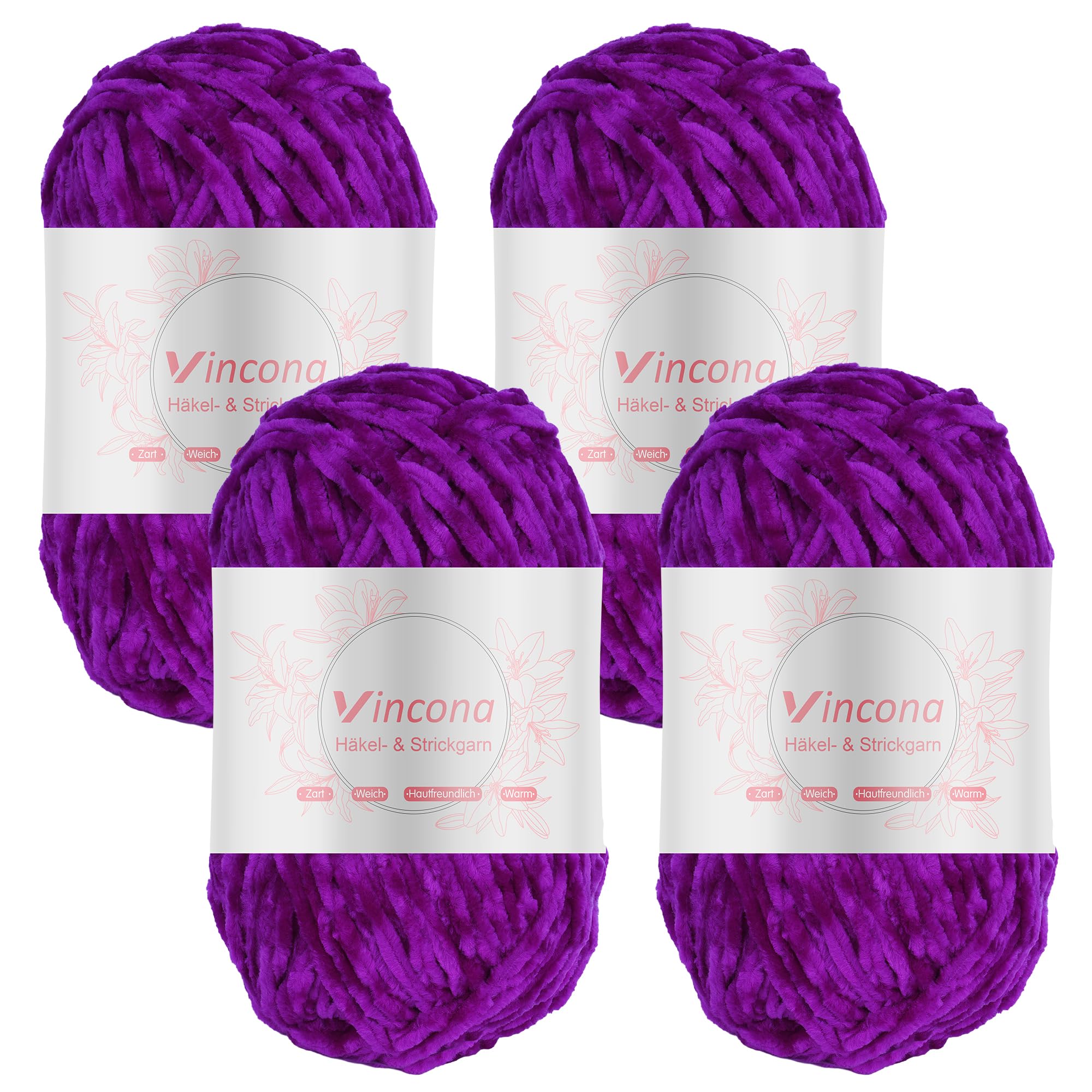 Vincona Chenille Yarn 4 x 100g Super Soft Chunky Yarn for Knitting and Crochet Yarn Clothes, Handbag, Shoes Hats Sweaters Blankets Scarves，DIY- Ideal for Beginners Adults Bright Pink