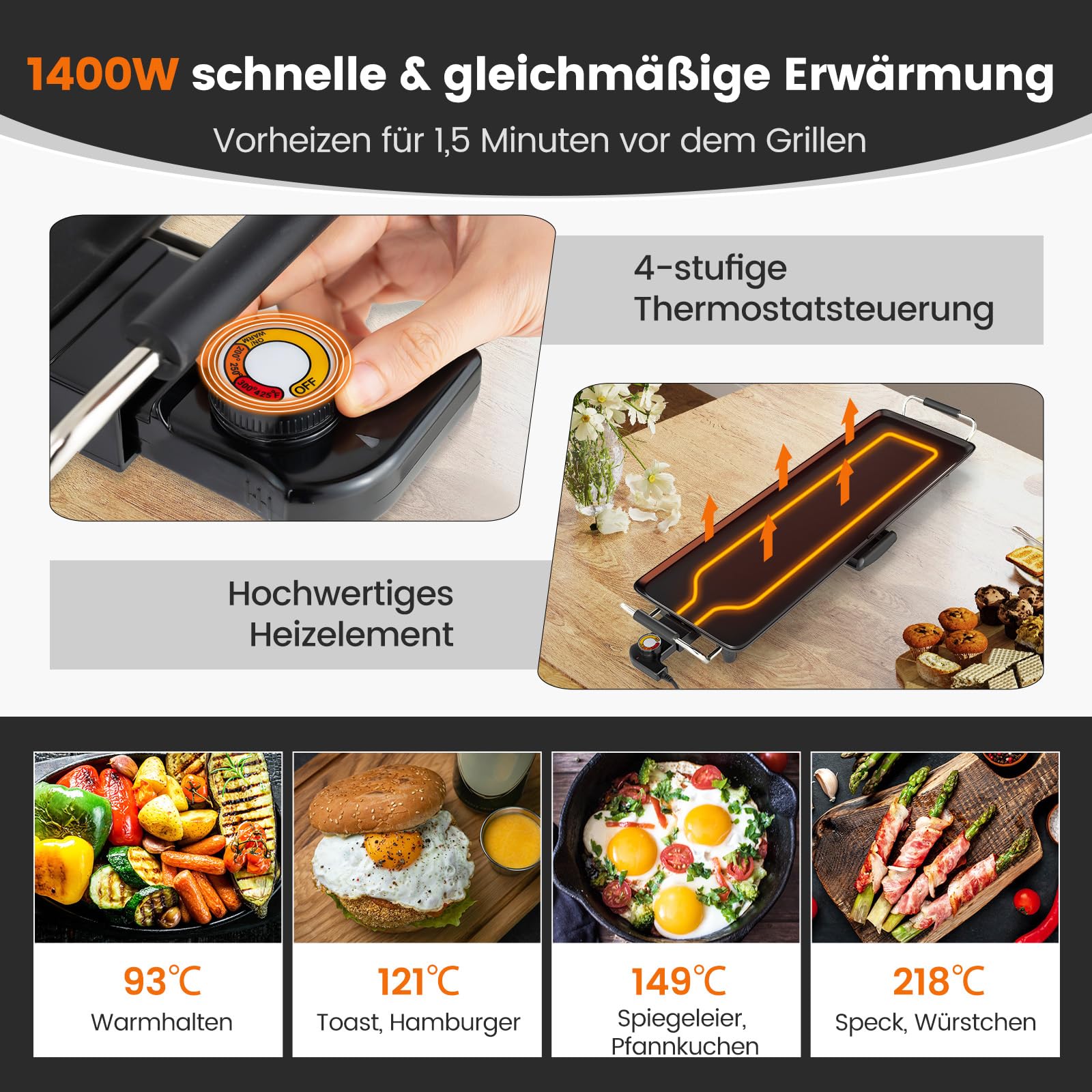 RELAX4LIFE Tischgrill elektrisch, 68,5 x 22,5 cm extra lange Teppanyaki-/Plancha-Grillplatte, Elektrogrill mit Antihaftbeschichtung & 4-stufige Temperaturregelung, 1400W, für BBQ, Familienessen, Party