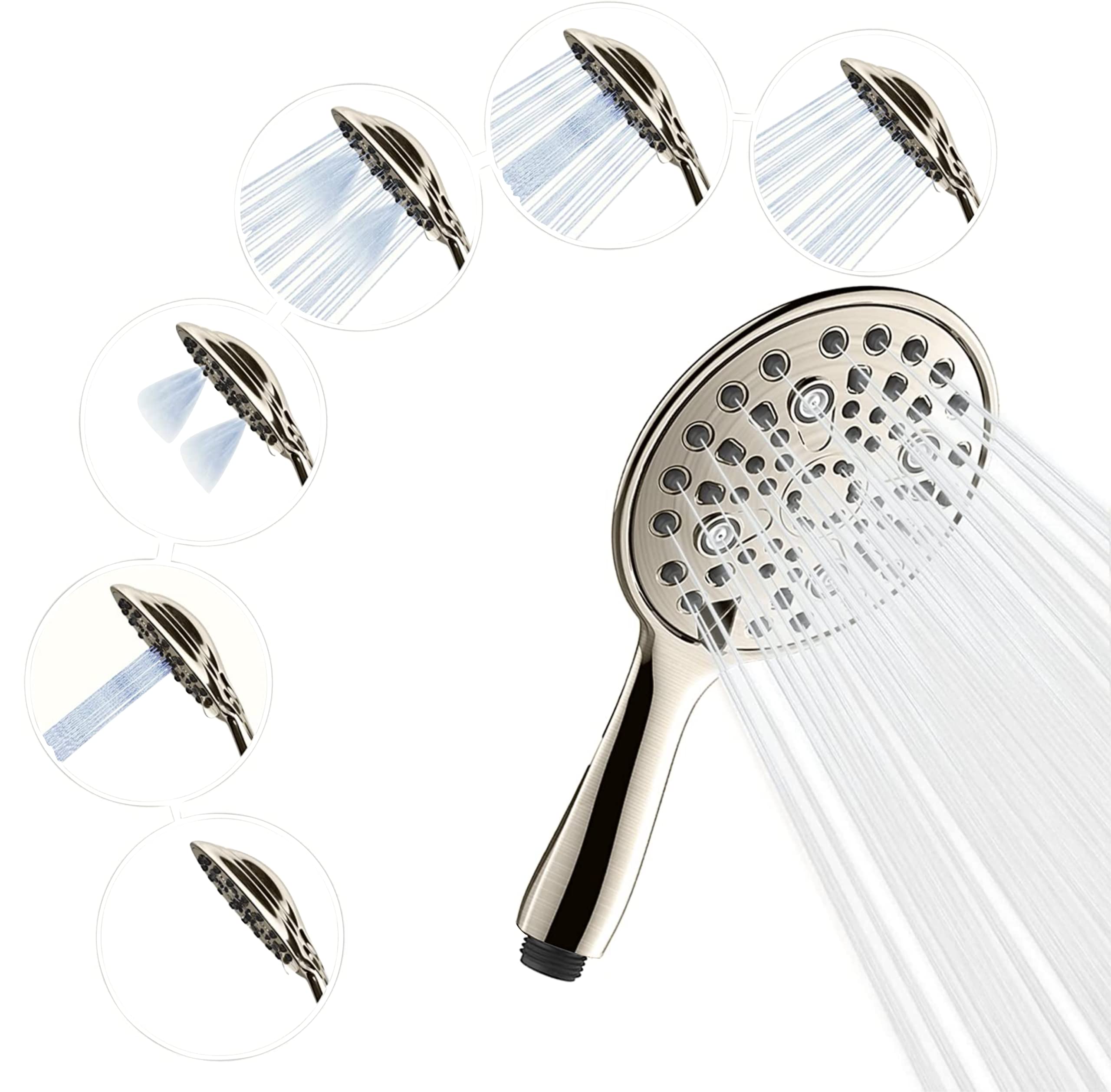 SparkPod 6-Function High Pressure Shower Head - 6" Wide Angle Handheld Shower Head - Refreshing Rain Mode for Fast and Effective Rinsing - 2X Muscle Relief Massage Force - Elegant Brushed Nickel
