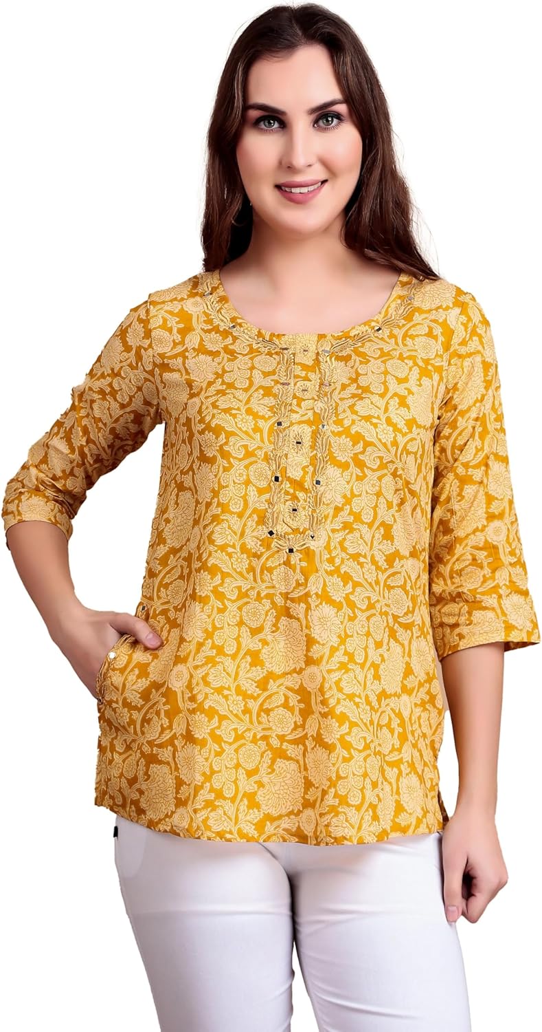 ladyline Womens Casual Cotton Tunic Top - Ethnic Printed Embroidered Jaipuri Short Kurti Kurta Indian