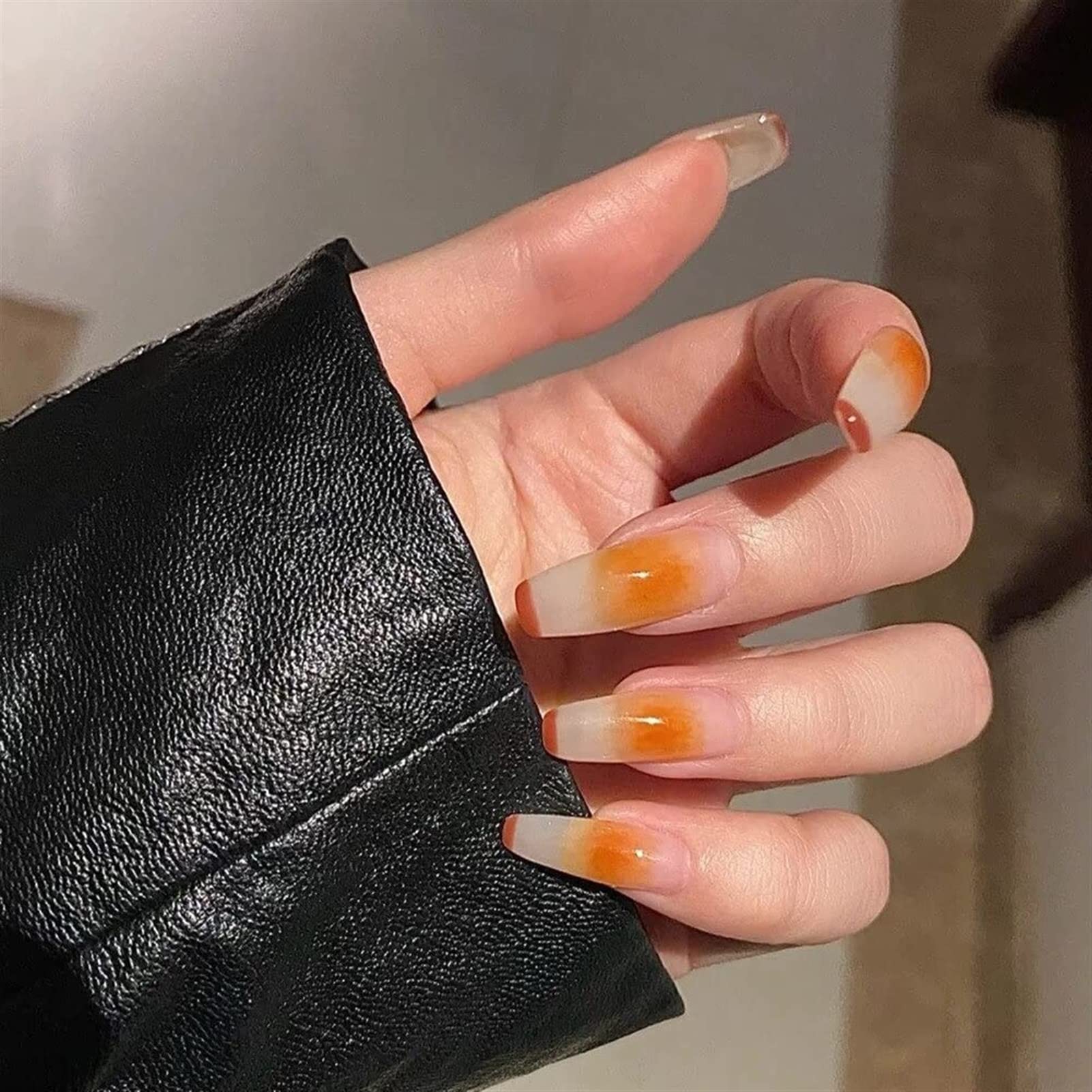 24PCS Primavera Estate Dolce Unghie Finte Lungo Semplice Arancione Francese Unghie Finte Premere Sulle Unghie Indossabile Unghia Finita Unghie Finte Extra Lunghe