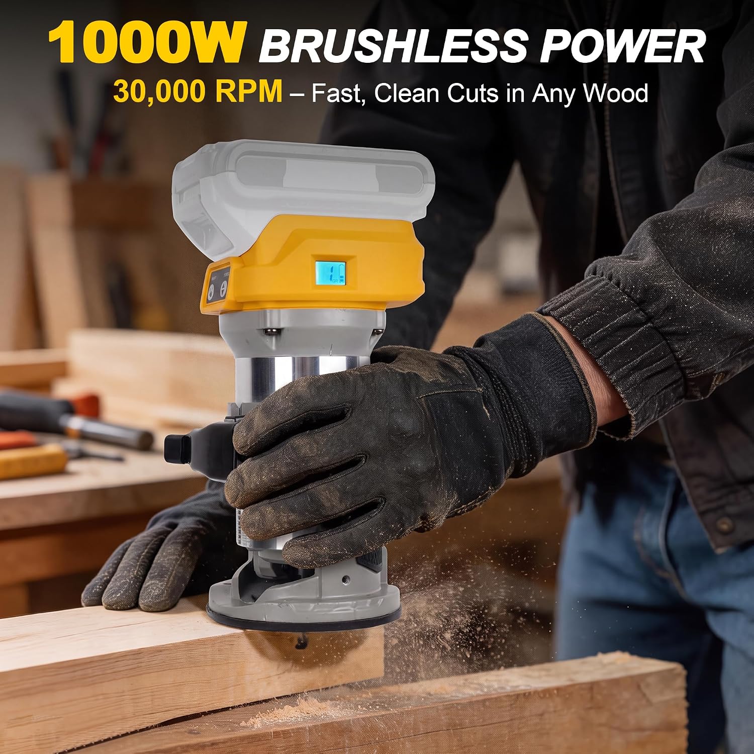 Cordless Compact Router 1000W Brushless, Compatible with DEWALT 20V Battery | 6‑Speed Variable Wood Palm Trimmer with Edge & Roller Guide, Aluminum Guard, Dust Collection Port & 6 Bits (Tool Only)