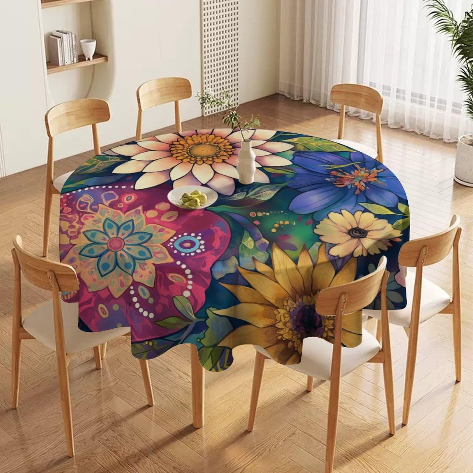 ORDOBO Round Table Cover -Abstract Flowers Fashion Tablecloth Protector 3D Print Wipeable Outdoor Table Cover For Kitchen Dining Home Decoration 91X91Cm