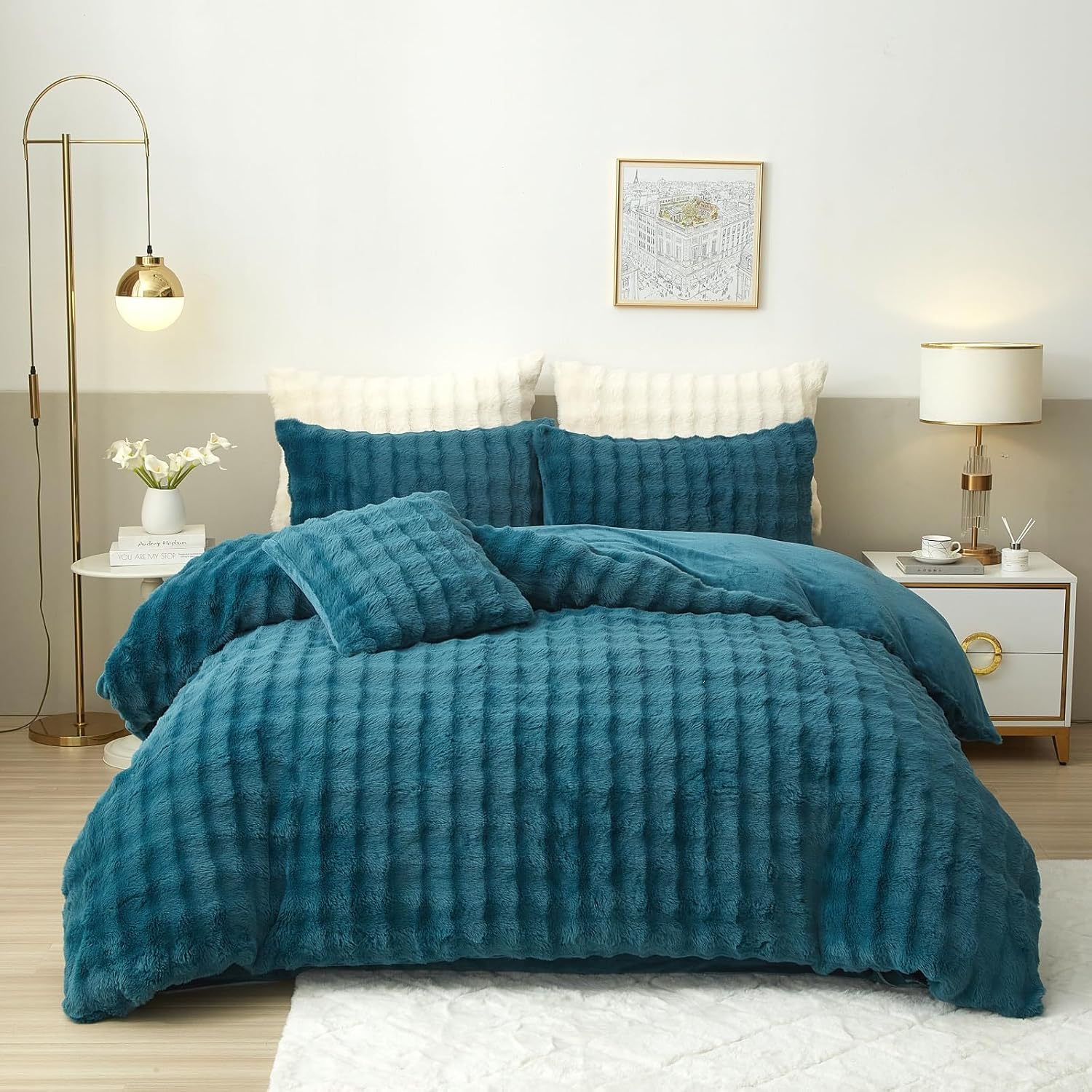 Fluffy Faux Rabbit Fur Duvet Cover Set Queen Size Peacock Blue, Luxury Soft Plush Shaggy Comforter Cover for Cold Winter Spring Fall, 3pcs Velvet Fuzzy Furry Bedding Sets Teal Peacock Blue Queen