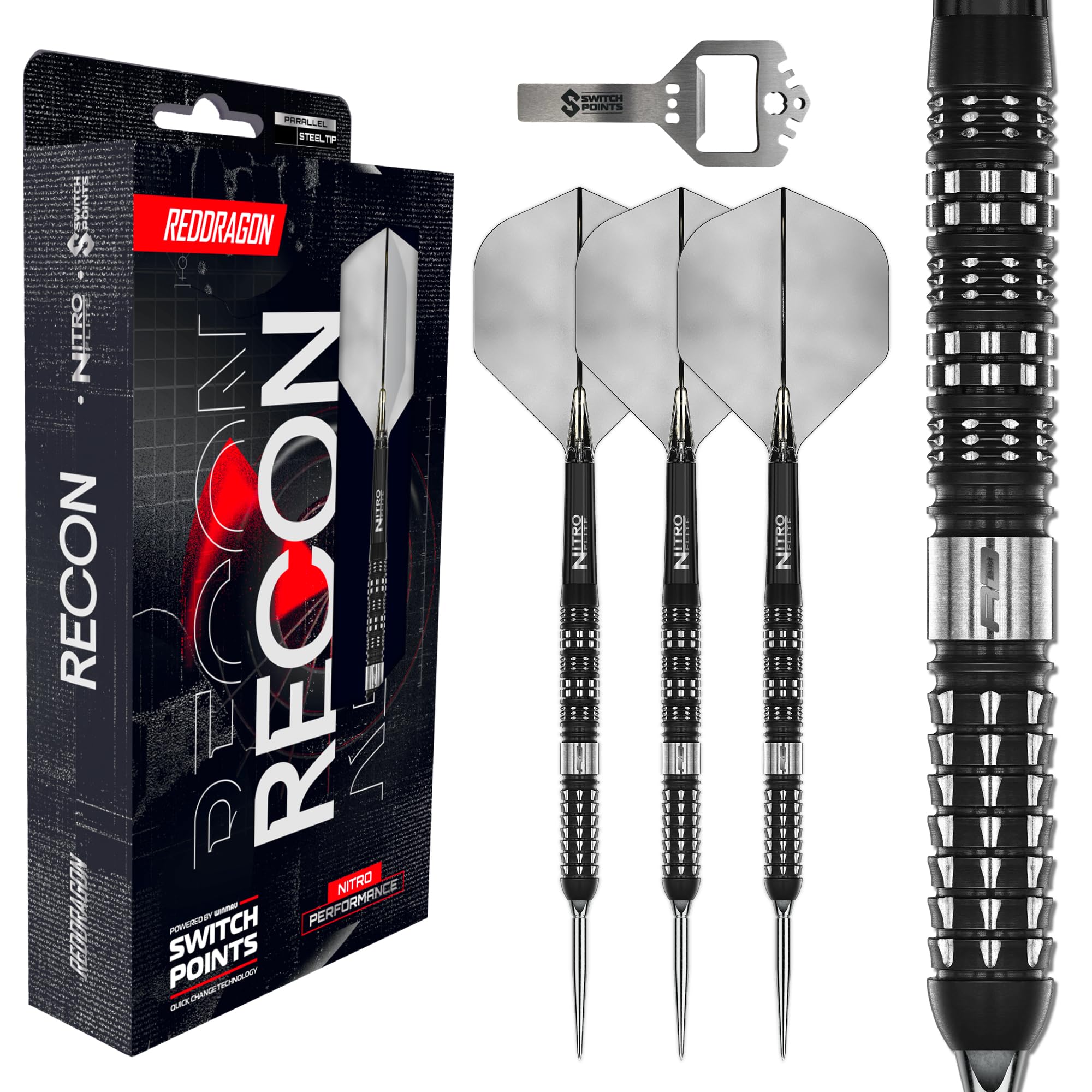 RED DRAGON Rzutki – Recon Switch Points seria 24 g | Powered by Winmau | Równoległe | 90% wolframu profesjonalne rzutki do darta – NitroFlite zintegrowany lot/szyb, rzutki do darta i trzonki