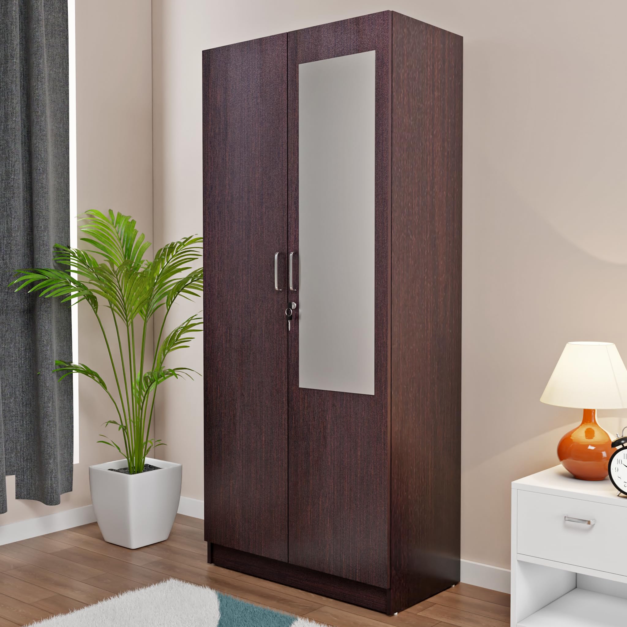 viki wardrobe | batanes wardrobe | wooden almirah for 2 door wardrobe with 2 shelves & hanging space with mirror (dark wenge - 40d x 80w x 180.8h) | 1 year warranty | free assembly