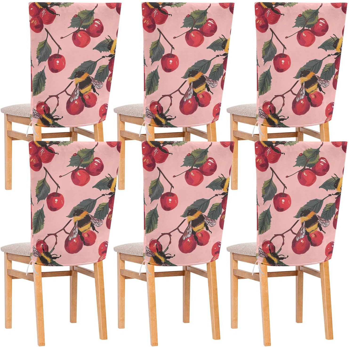 ALAZA Bee Cherry Pink Chair Back Cover Set of 6, Washable Reusable Removable Chair Slipcovers Decorative Chair Cover for Home Kitchen Wedding Party