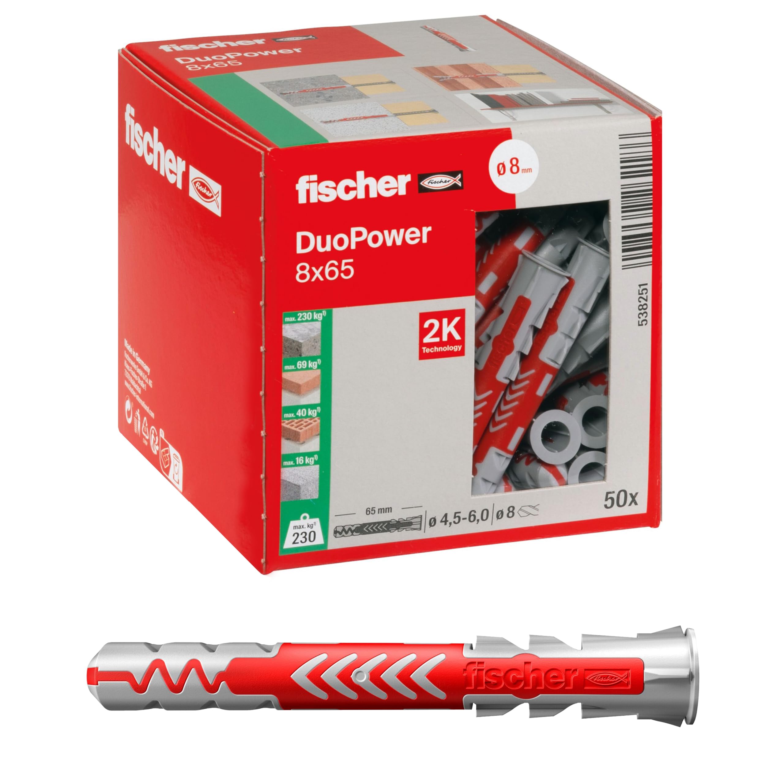 Fischer 50 Tasselli Lunghi Duopower 8x65 mm Universali, per il Fissaggio di Mensole, Pensili, Staffe Porta TV su Muro e Forati, 538251