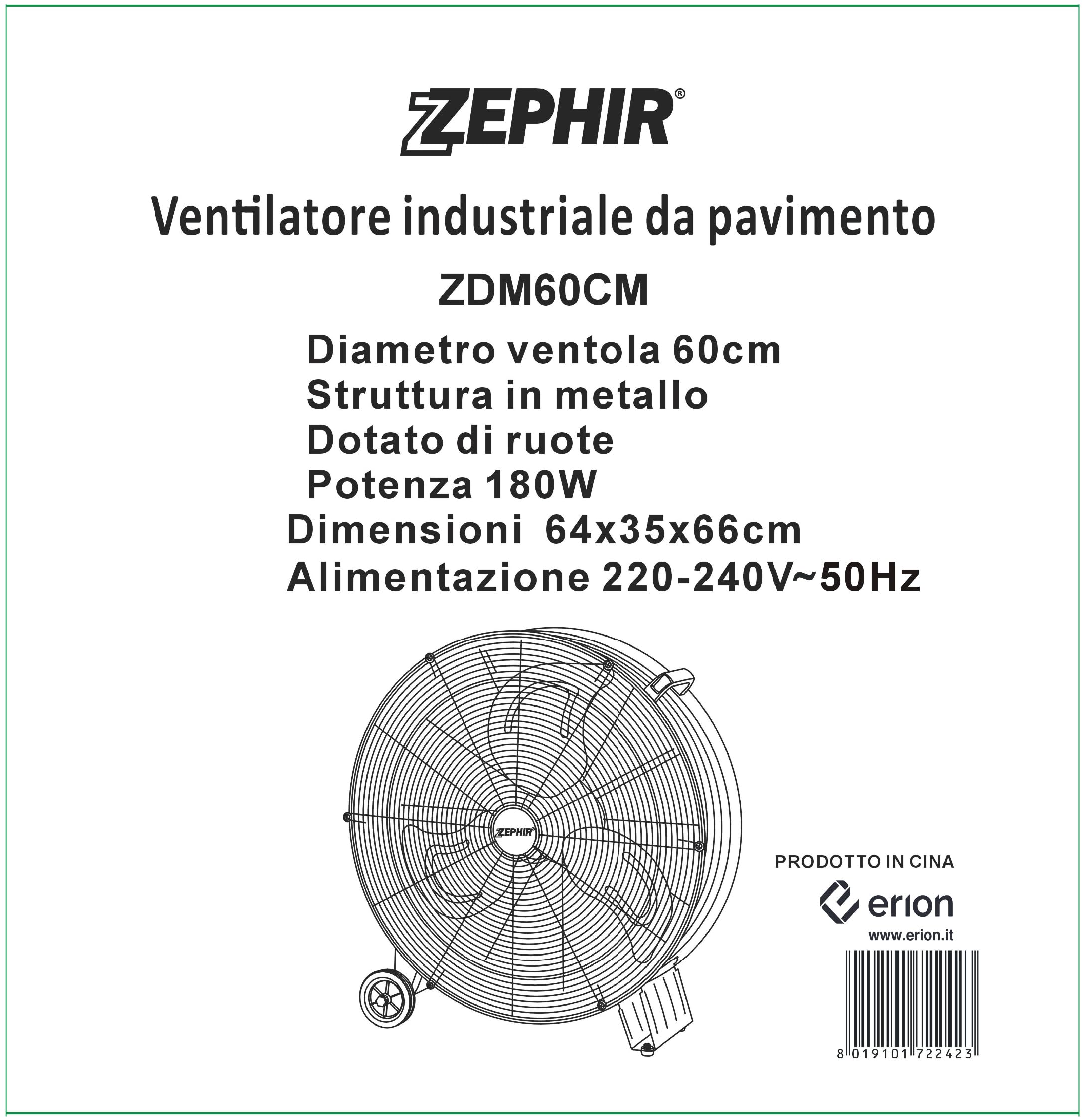 ZDM60CM Ventilatore Industriale da Terra Zephir Professionale con Ruote Struttura Interamente in Metallo Superpotente Pala 60 cm Gabbia 3 velocità selezionabili Motore da 180W, Nero