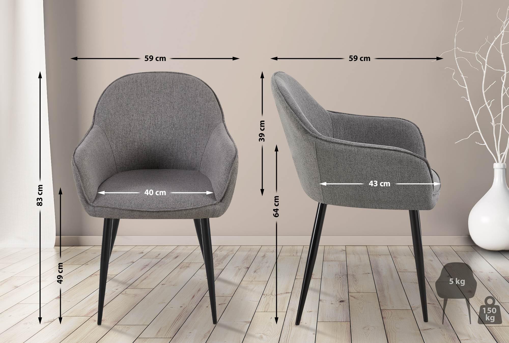 CLP Set de 2 sillas de Comedor Boise en Tela con Base metálica I Juego de 2 butacas de salón con reposabrazos & Respaldo, Color:Gris Oscuro
