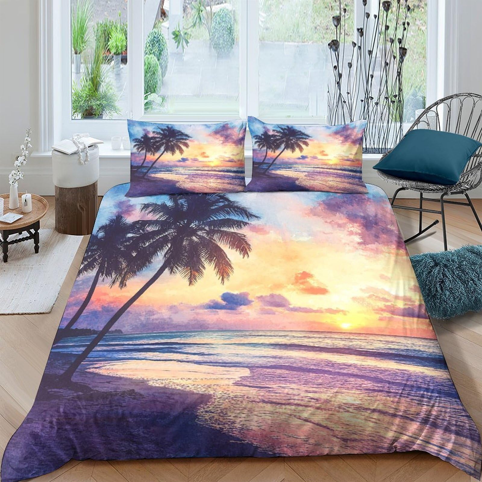 Ctjqhvkz Style-5 3D Printed Sunset Beach Fitted Sheet Microfiber Palm Ocean Mattress Cover Bedroom Decor Anti-Slip Easy Care Single（135X200cm）