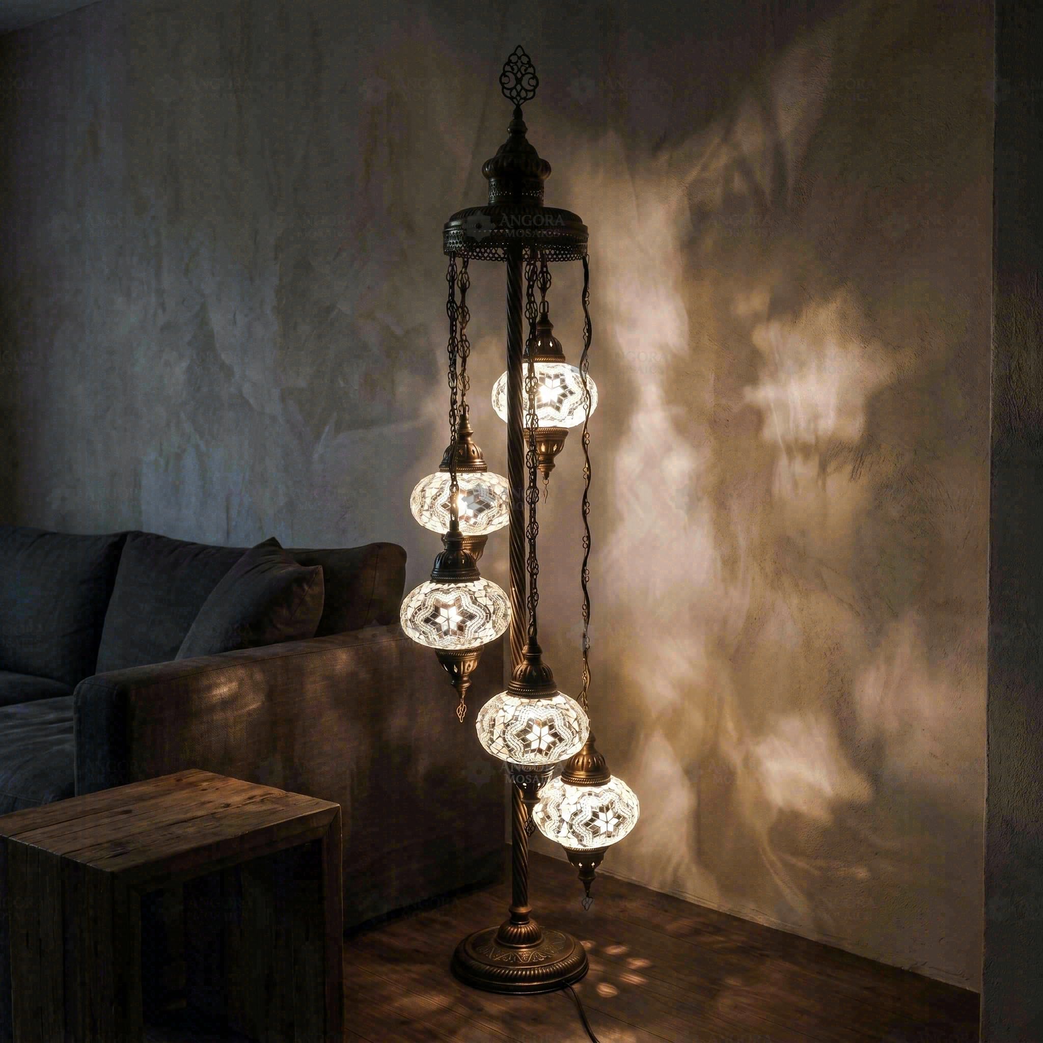 ENVA White Turkish Mosaic Floor Lamp - 5 Globe Handmade Mosaic Glass Standing Light - Elegant Star Pattern - Moroccan Tall Lamp for Living Room, Bedroom