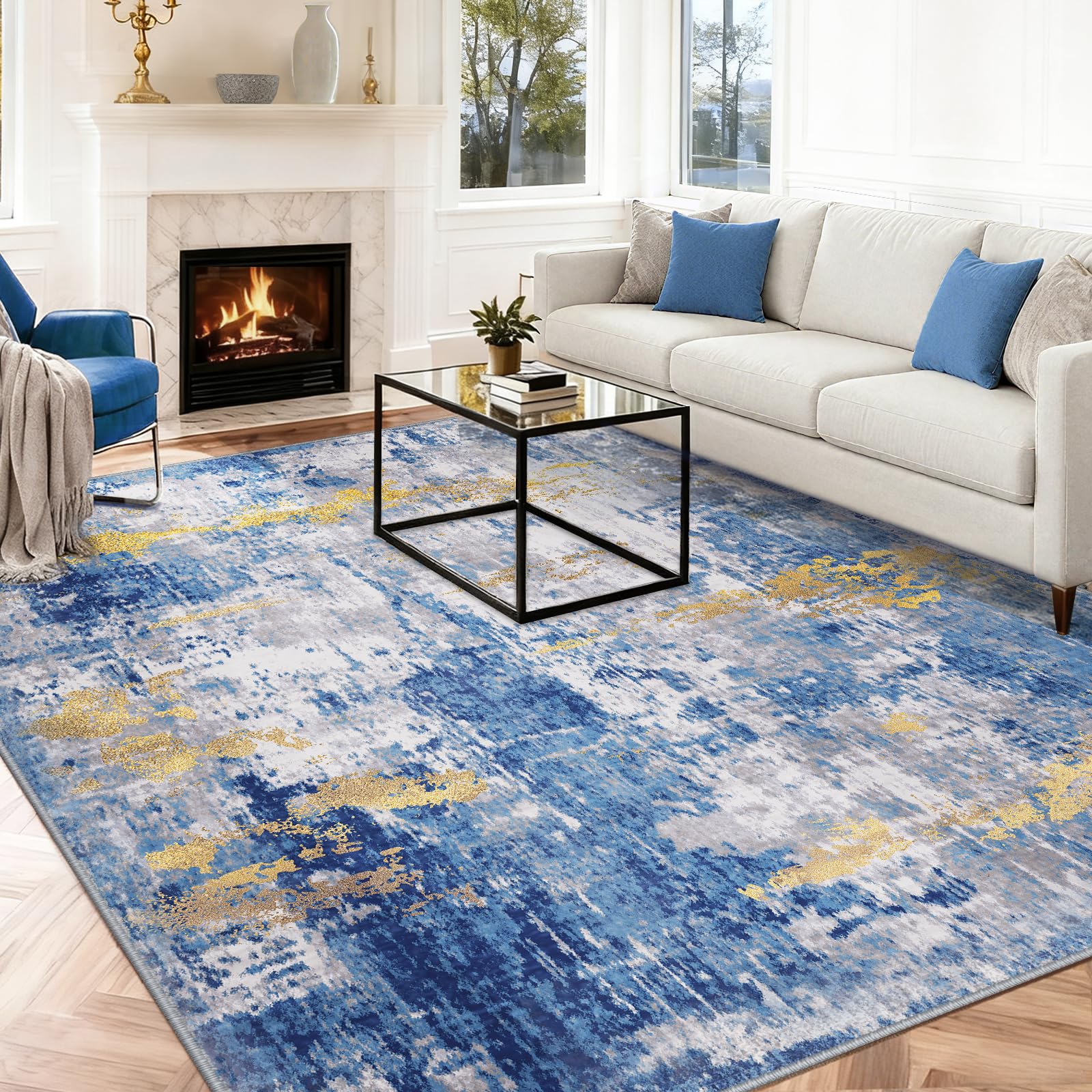 INOVADAY Washable Rugs Living Room 200x300 cm Modern Abstract Rug with Soft Low Pile Vacuum Friendly Non Slip Backing Minimalist Carpet for Lounge Bedroom Dining Room Home Office Blue/Gold