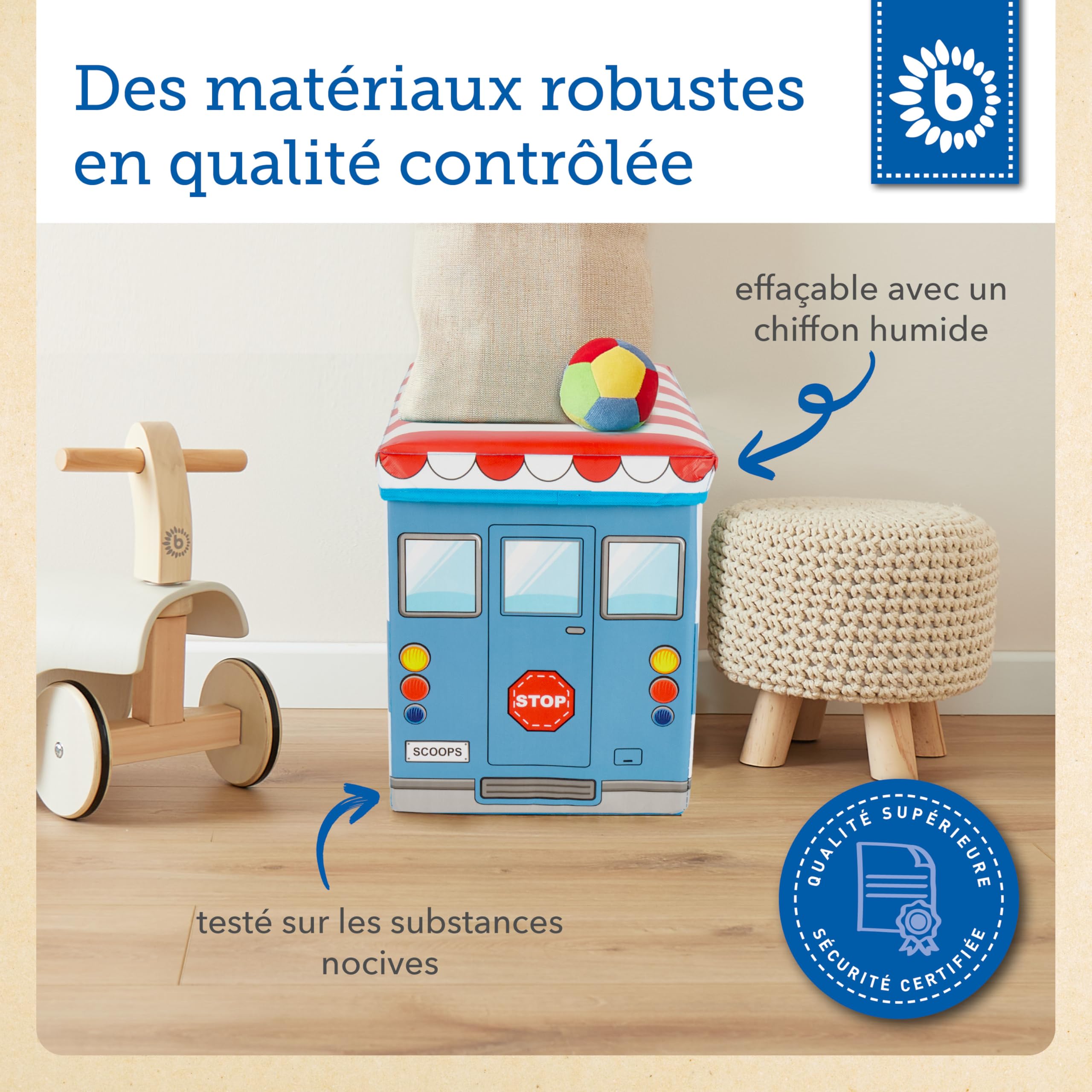 Bieco Boîte de Rangement Camion à Glace pour Enfants avec Siège Rembourré | Coffret à Jouets Unisexe avec Couvercle | Coffre Pliable Bleu & Blanc | Boîte de Rangement Pliable de 47 L | Ref. 04000510