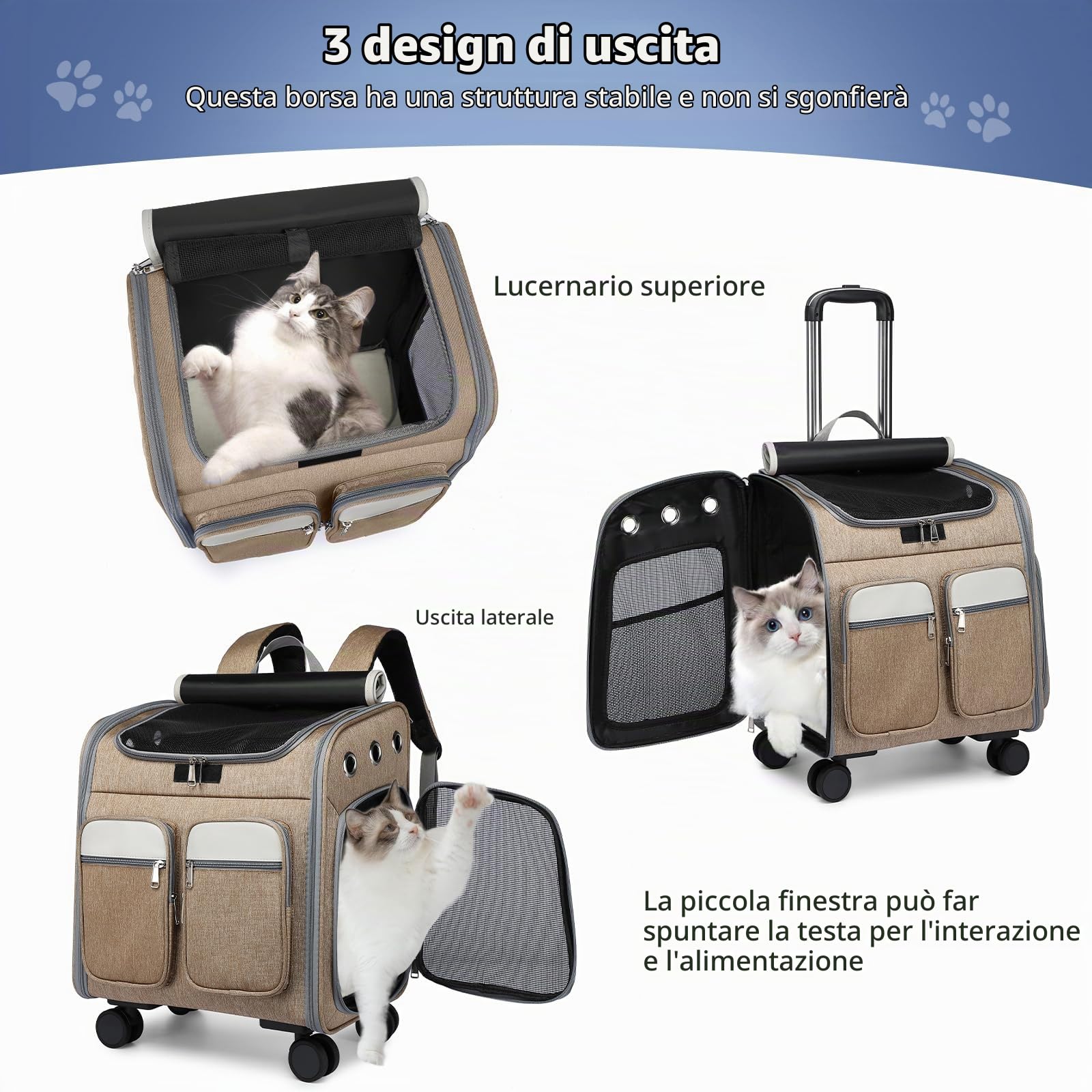 PETCUTE Zaino Trolley per Cani e Gatti,Zaino Portatile per Cani con Tasche Frontali,Multifunzionale,Traspirante Zaino per Gatti Grande con Ruote,Zaino per Animali Domestici,Tappetino Rimovibile