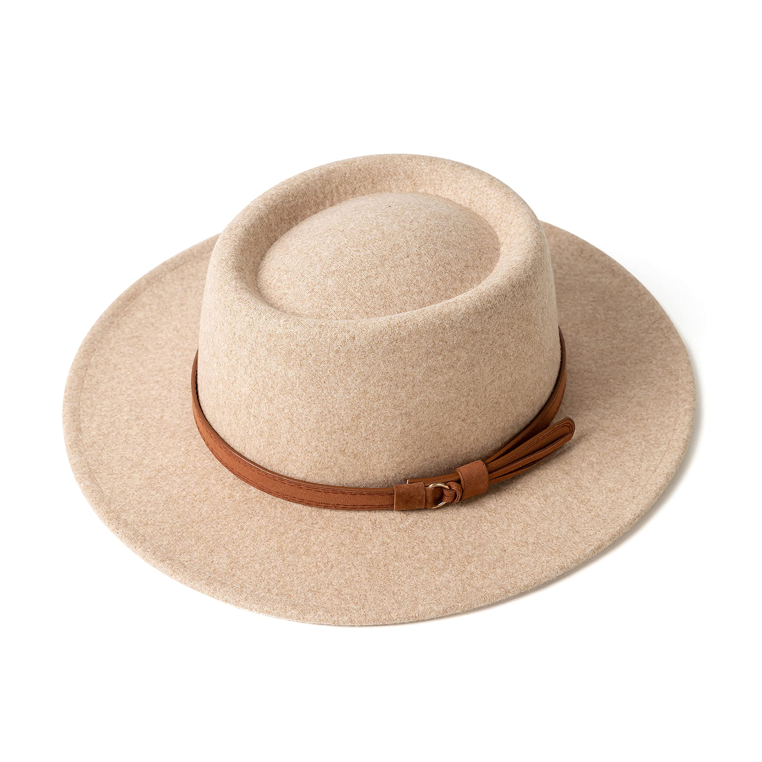 Retro Lana Fedora per le donne Tesa Larga Panama Cappello con Fibbia Cintura Beige