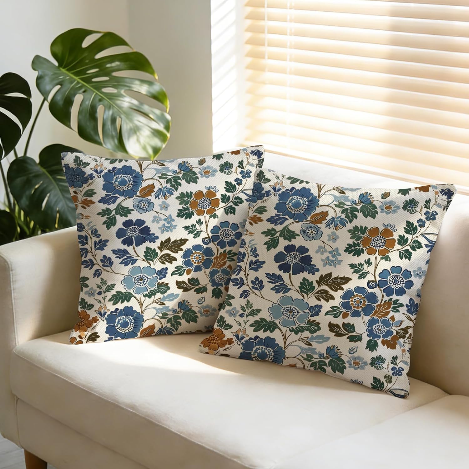 Vintage Floral Decorative Throw Pillow Covers 18 x 18 Set of 2, Blue Flower Leaves Plants Botanical Porch Outdoor Home Decor, Spring Summer Farmhouse Sofa Couch Cushion Case image 5