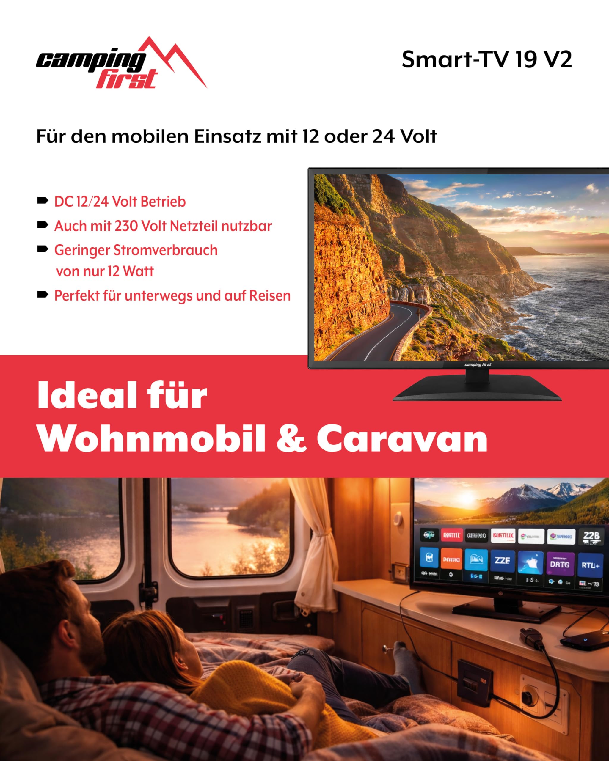 19″ Smart TV V2 – Fernseher, 48 cm, 12 Volt – Schwarz | Triple Tuner, Android 11.0, WLAN/LAN, CI+, USB, Bluetooth