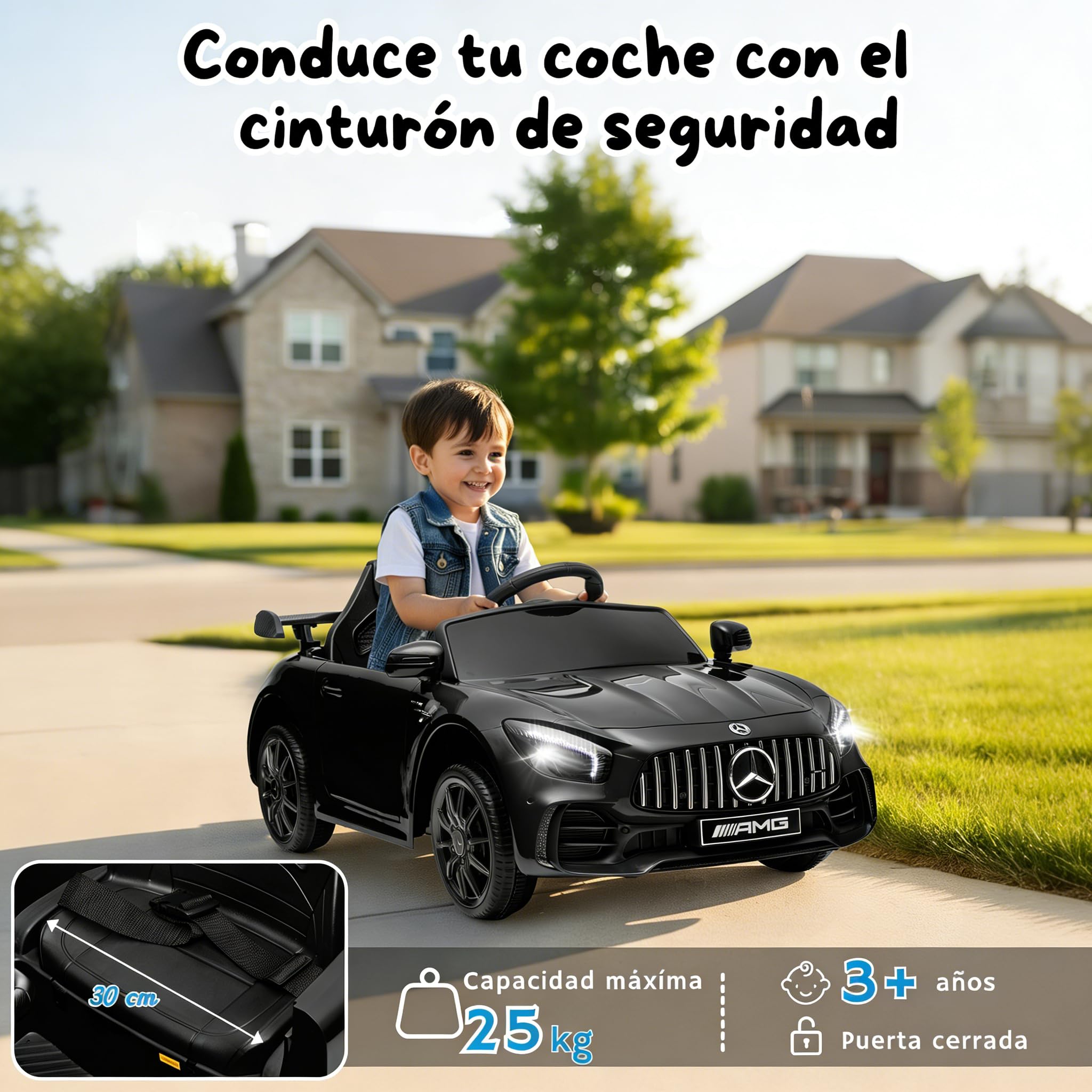 LALAHO Mercedes AMG GTR 12V Coche Eléctrico para Niños Doble Motor Control Remoto MP3 Negro