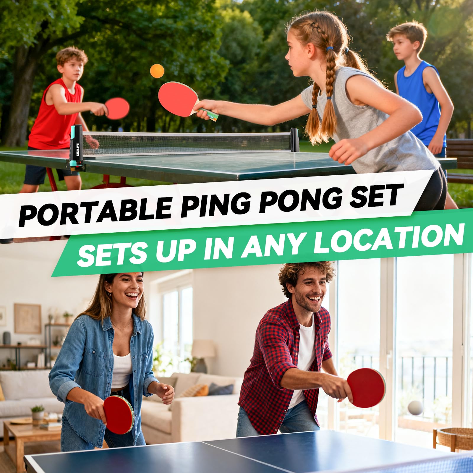 Set da ping pong per 2 giocatori, 2 racchette, 1 rete e 6 palline, kit da ping pong per giocare in interni ed esterni