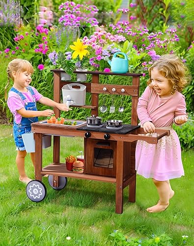 Miniatura 3 de ROBUD Cocina de barro para niños al aire libre con ruedas, cocina de madera al aire libre, cocina de barro para niños con fregadero y grifo