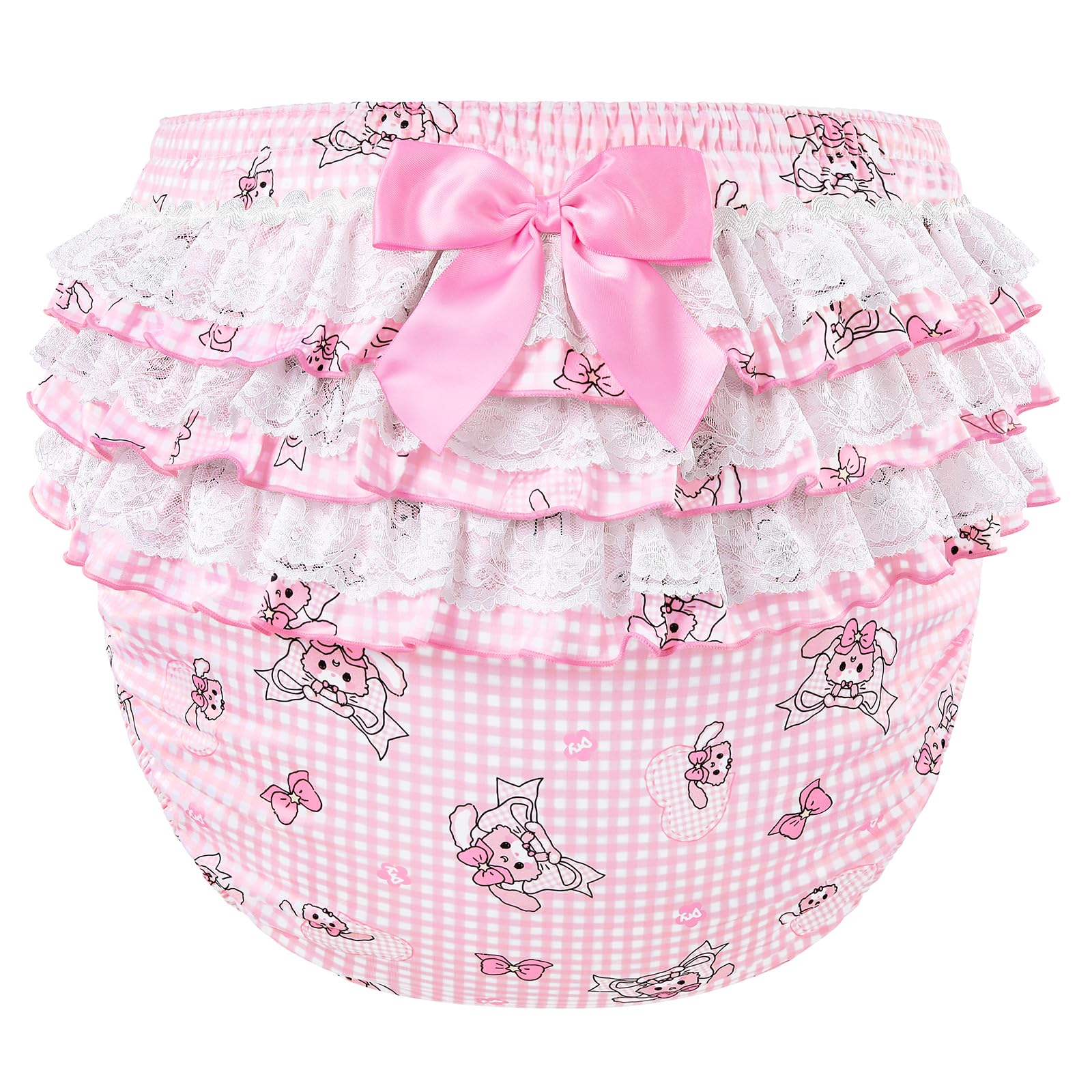 Littleforbig Silky Washable Reusable Waterproof Ruffled Lace Bow Bunnies & Bows Usagi Pattern Ruffle Adult Diaper Cover L