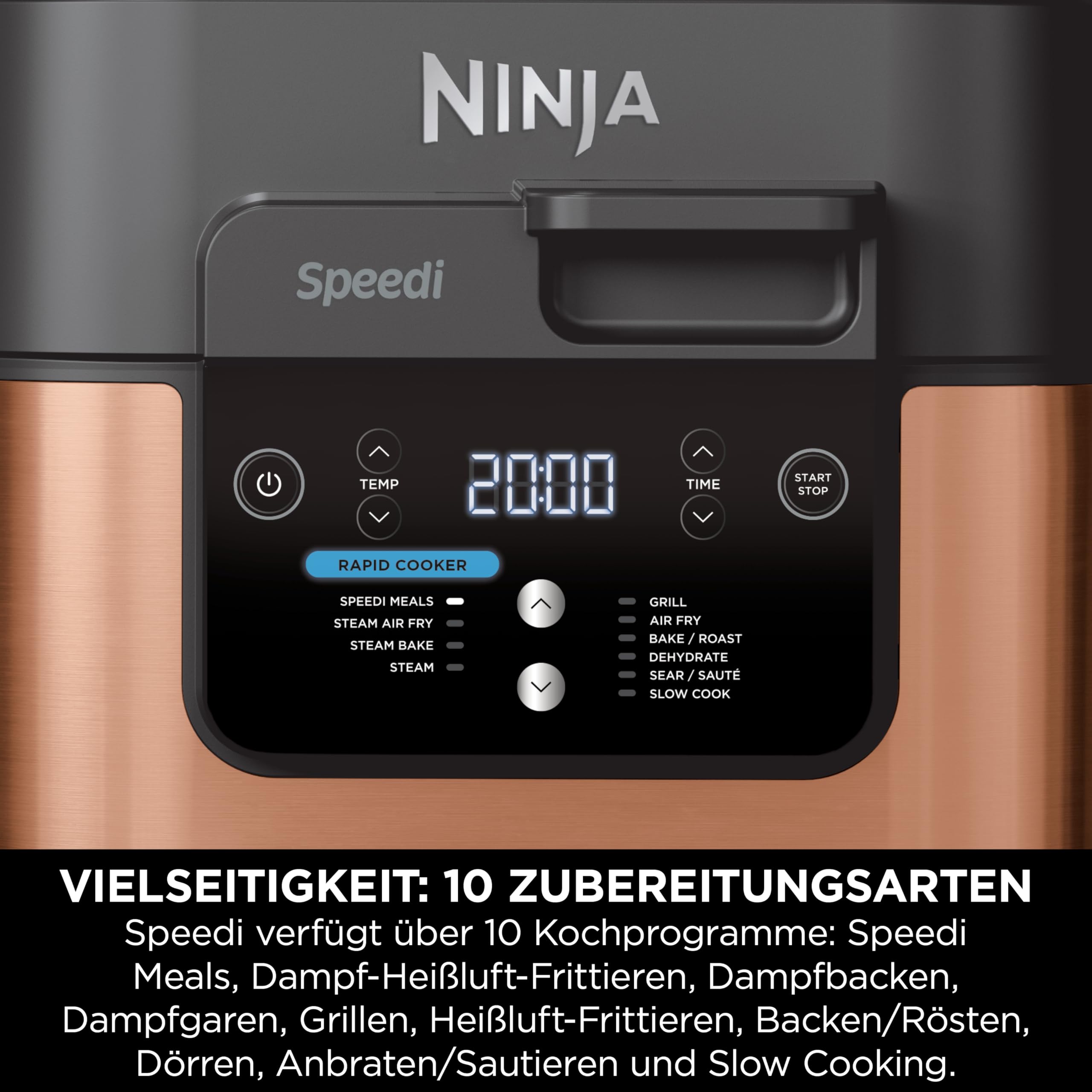 Ninja Speedi Multikocher, 5,7L, 10-in-1 Multicooker, Airfryer Heißluftfritteuse, Slow Cooker Langsamkochen, Grillen, Backen, Schwarz & Kupfer ON400EUCP