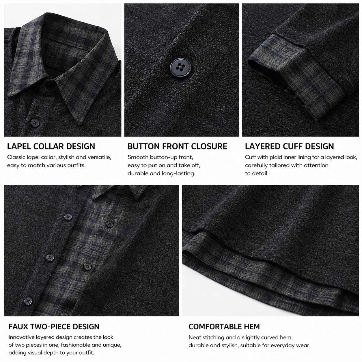 Generico Camicia da Uomo A Due Pezzi Effetto Quadri, Oversize, A Maniche Lunghe, Look A Strati, con Bottoni E Colletto A Revers, Ideale per Abbigliamento Streetwear, Feste E Outfit Autunnali.