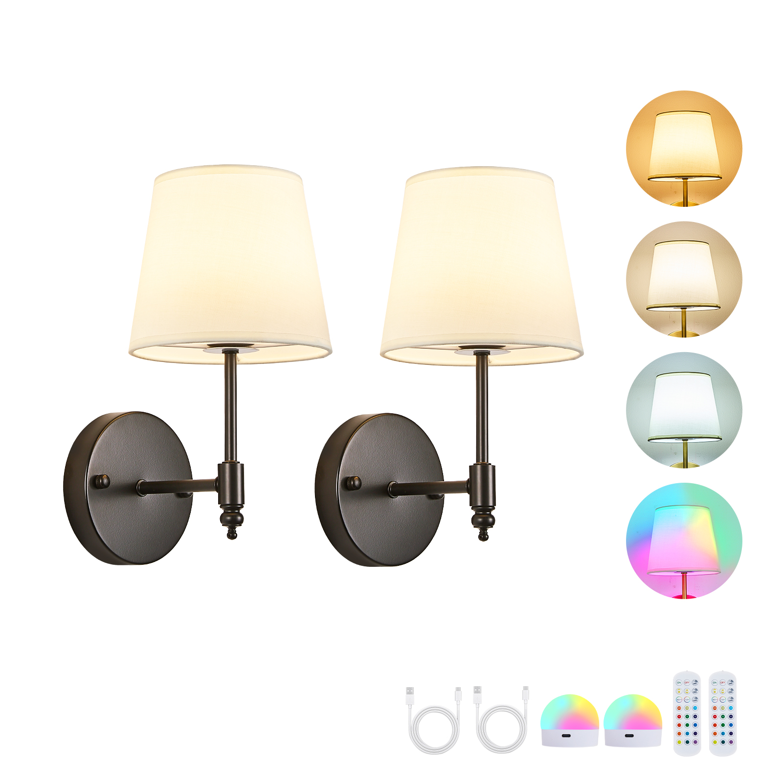Image of Battery Operated Wall Sconce Set of 2 Black Wireless Wall Light | Remote Control, RGB Dimmable 15 Colors, Rechargeable Bulbs Cordless Wall Lamp for Indoor Bedroom Bathroom Living Room
