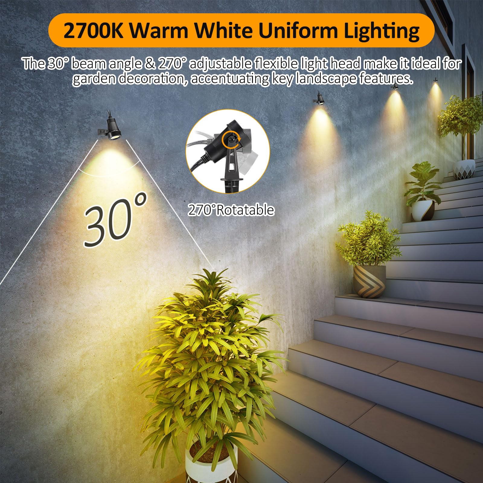 ECOWHO Garden Lights Mains, 27m 8-in-1 LED Outdoor Spotlights with Adapter, IP65 Waterproof Outdoor Spike Lights 12V Low Voltage Garden Lighting 2700K Electric Pathway Lighting for Lawn, Yard, Patio — view 5