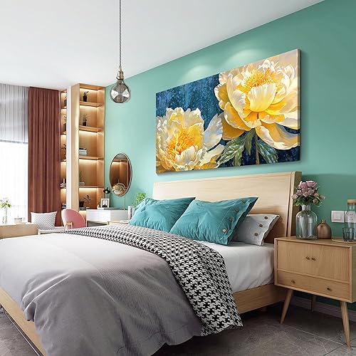 Miniatura 3 de AJAZIKO Arte de pared floral dorado grande para pared, decoración de pared azul para sala de estar, pinturas modernas para decoración de pared,