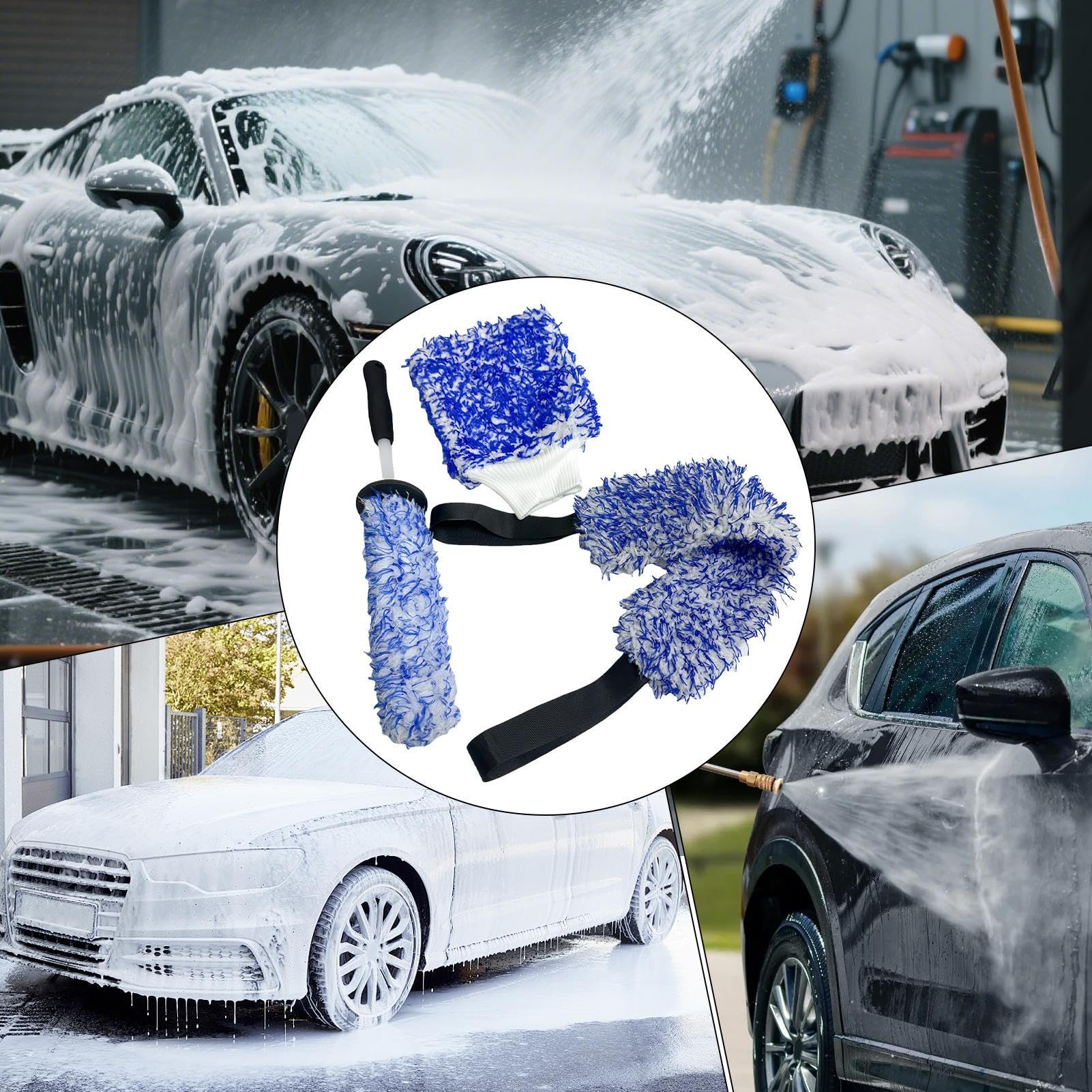 Spazzola per pneumatici 3 Pezzi guanti lavaggio microfibra portatili | Spazzola Per La Pulizia e Ruote 'Auto Kit di Detailing Lavaggio Auto per Cerchi, Raggi, Parafanghi, Motori