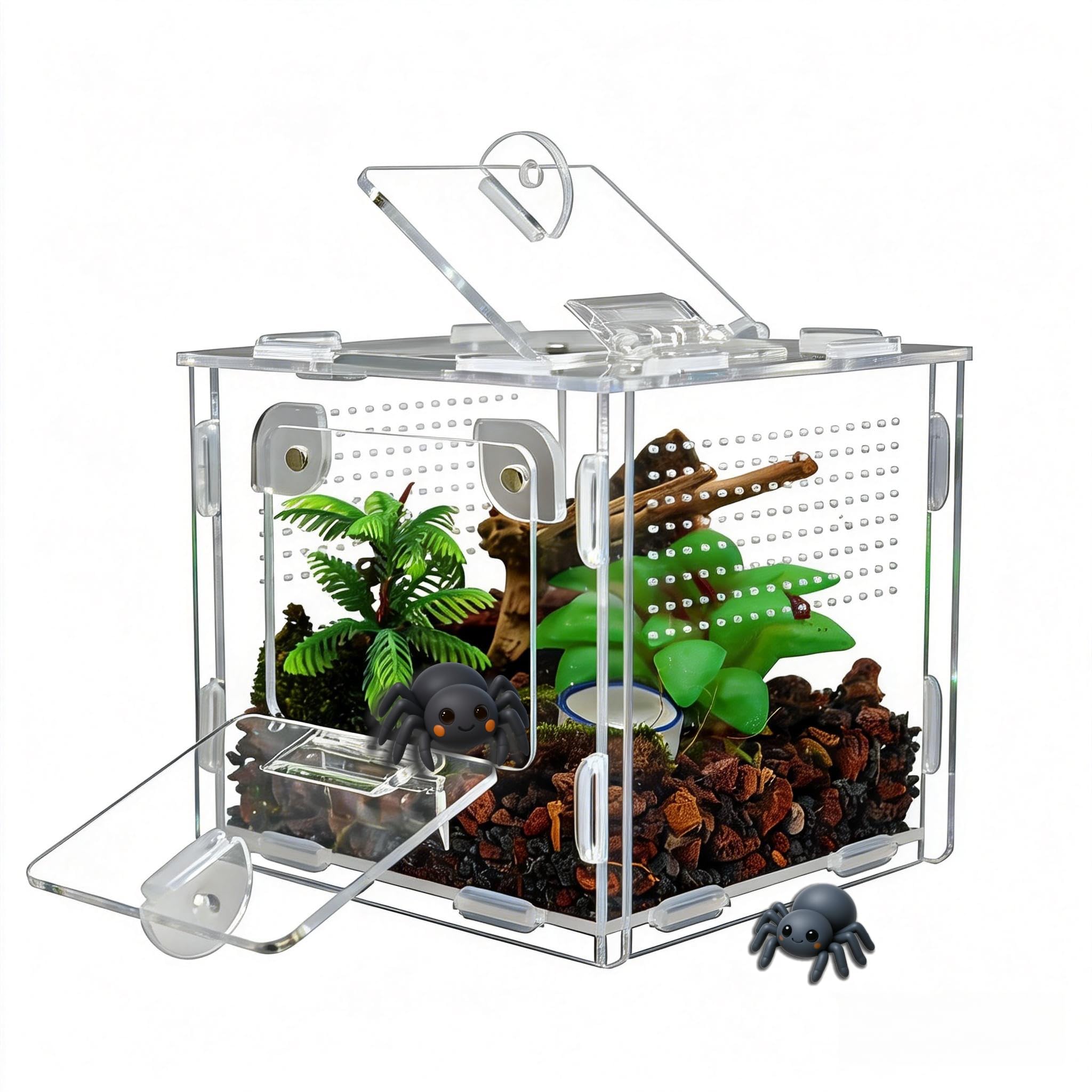 jumping spider enclosure, small reptile terrarium for tarantula hermit crab praying mantis, acrylic insect habitat with magnetic front & top opening (4.52" x 4.52" x 4.52")