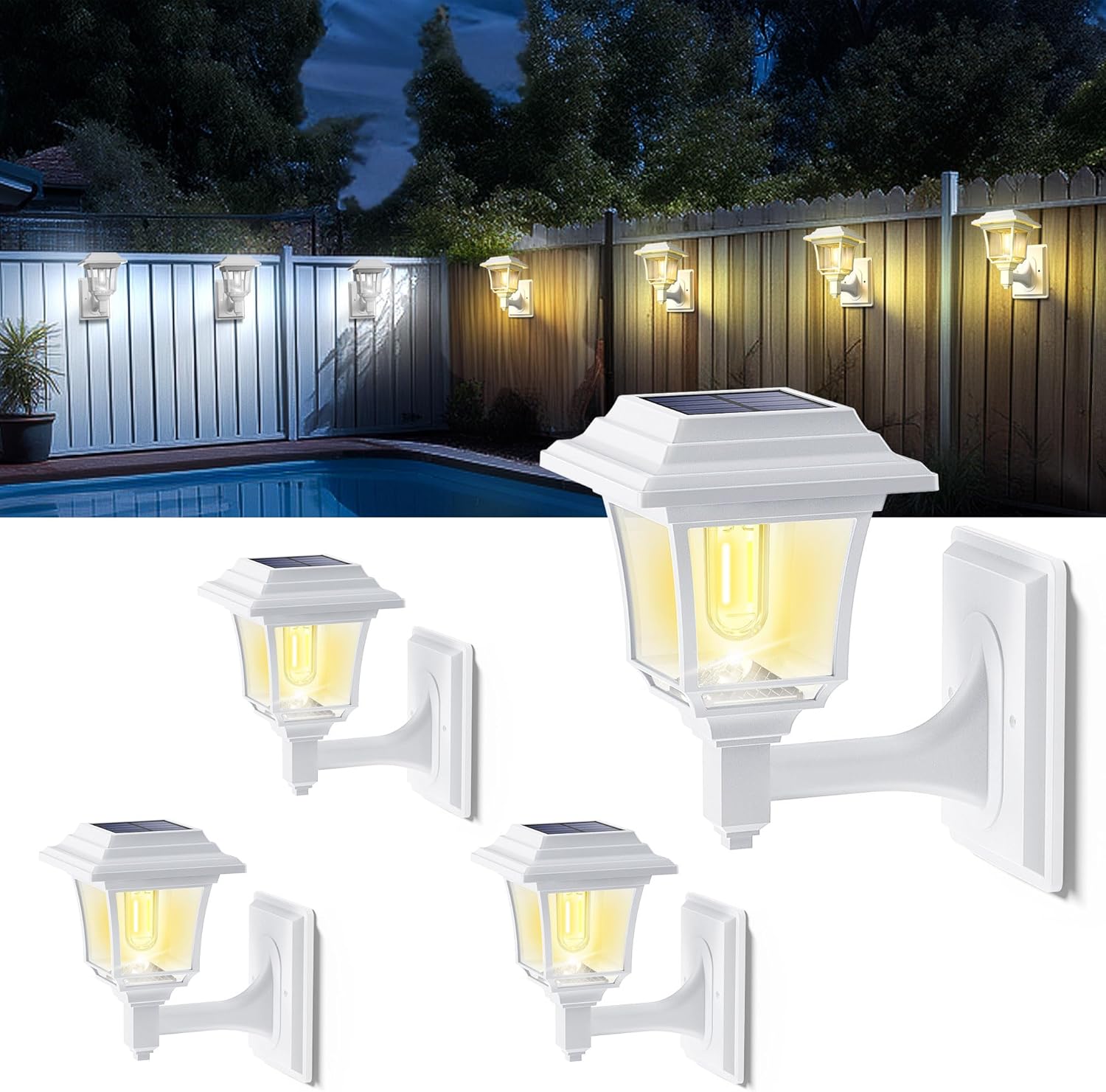 LeiDrail Solar Fence Lights, 2 Modes Edison Bulb Solar Wall Lanterns, Outdoor Playhouse Accessories, Waterproof Warm/Cold White LED 15 LM Outdoor Decor Wall Lights for Garden Patio Yard White (4 Pack)