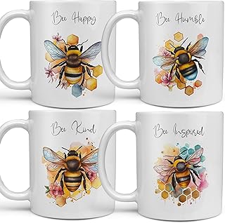 Set of 4 Bee Mugs - Bee Kind Bee Humble Bee Happy Bee Inspired - Beautiful Bee Kitchenware Bee gifts