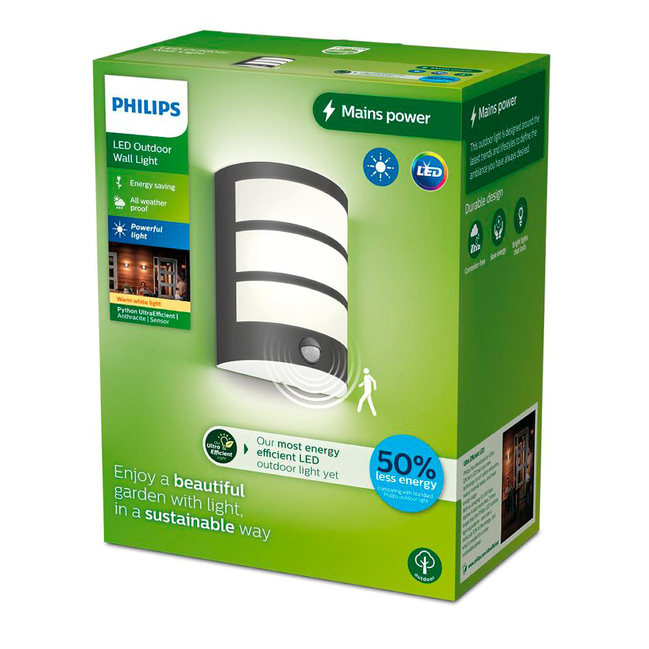 Philips MyGarden Wandlamp Met Sensor | Python | 2700K | Ultra Efficient | Ip44 | 3.8w | Rvs Lph03519 M5 Big