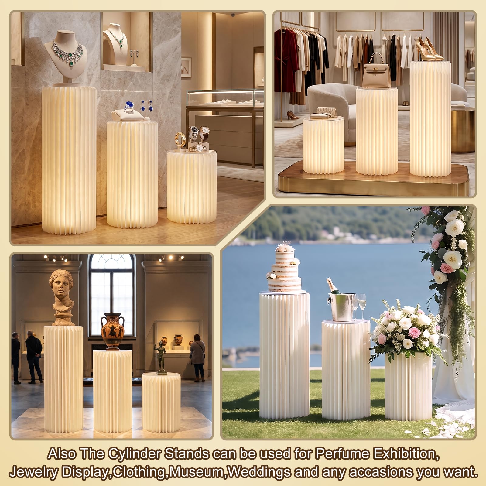 3 supporti cilindrici con luce per feste con piedistallo rotondo leggero supporto cilindrico piedistallo pieghevole in cartone colonne cilindriche tavoli per baby shower compleanno matrimonio
