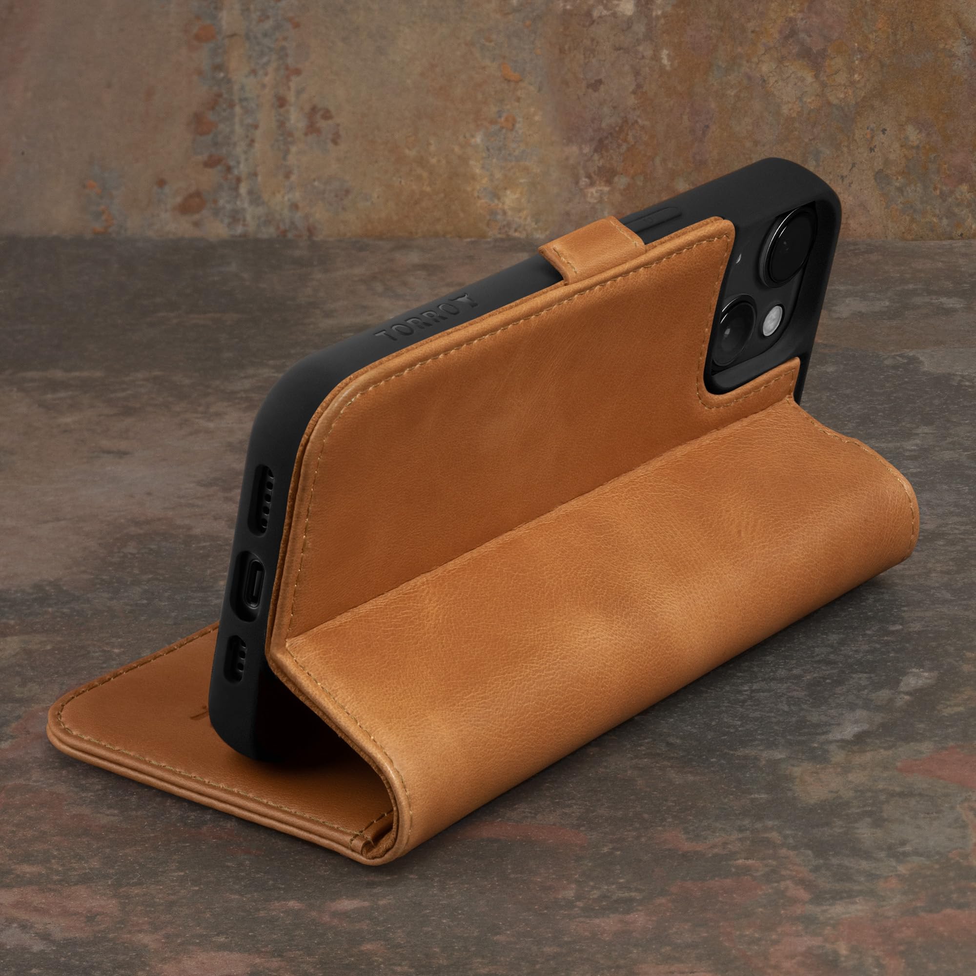 TORRO Case Compatibel met iPhone 15 - Premium lederen portemonneehoes met standaard en kaartsleuven (Marineblauw