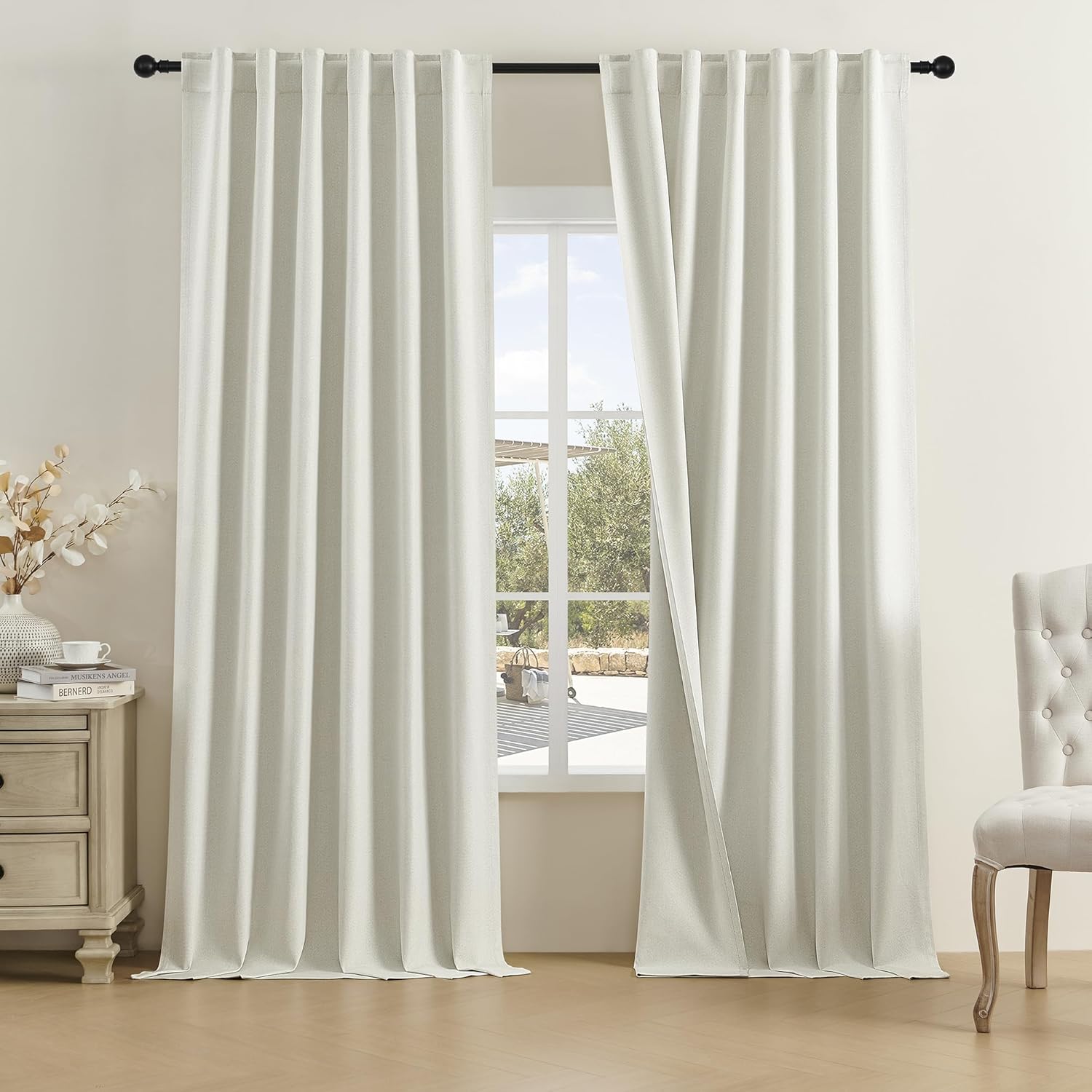 DUALIFE Natural Blackout Curtains 96 Inch Long,2 Panels Linen Textured Thermal Insulated Room Darkening Sun Blocking Drapes for Bedroom,Nursery,Living Room,8 FT Hall Curtains Back Tab/Rod Pocket 50x96