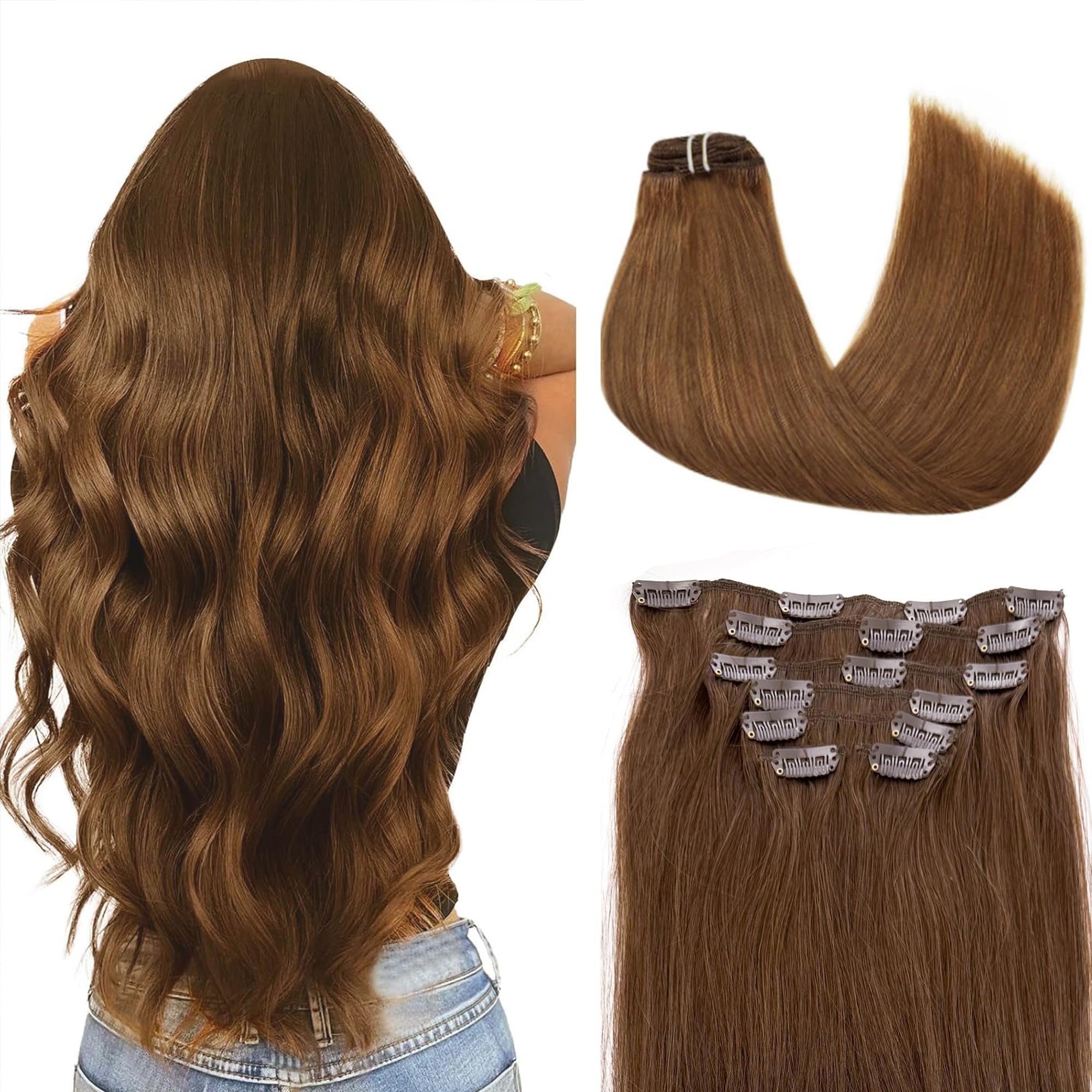 Roserer Clip in Hair Extensions Real Human Hair Remy Straight Clip in Human Hair Extensions Invisible Seamless Integration for Daily Use & Special Occasions (22 Inch Dark Borwn,7pcs/70g)