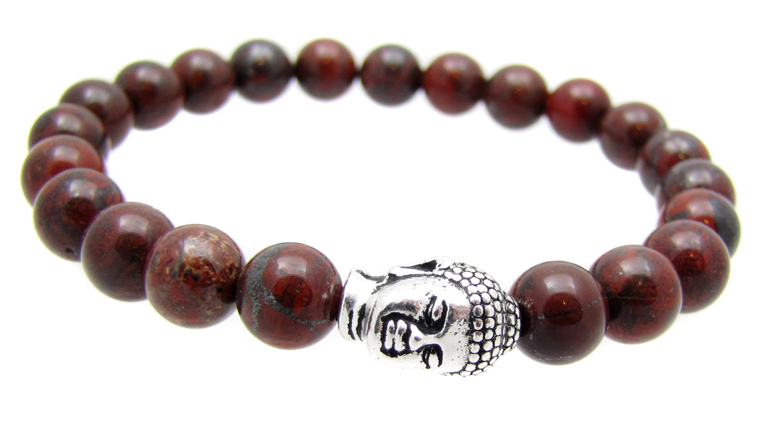ChakraMid Brecciated Jasper Gemstone Buddha Pewter Beaded Elastic Bracelet, 7 1/2", Mediation Bracelet,
