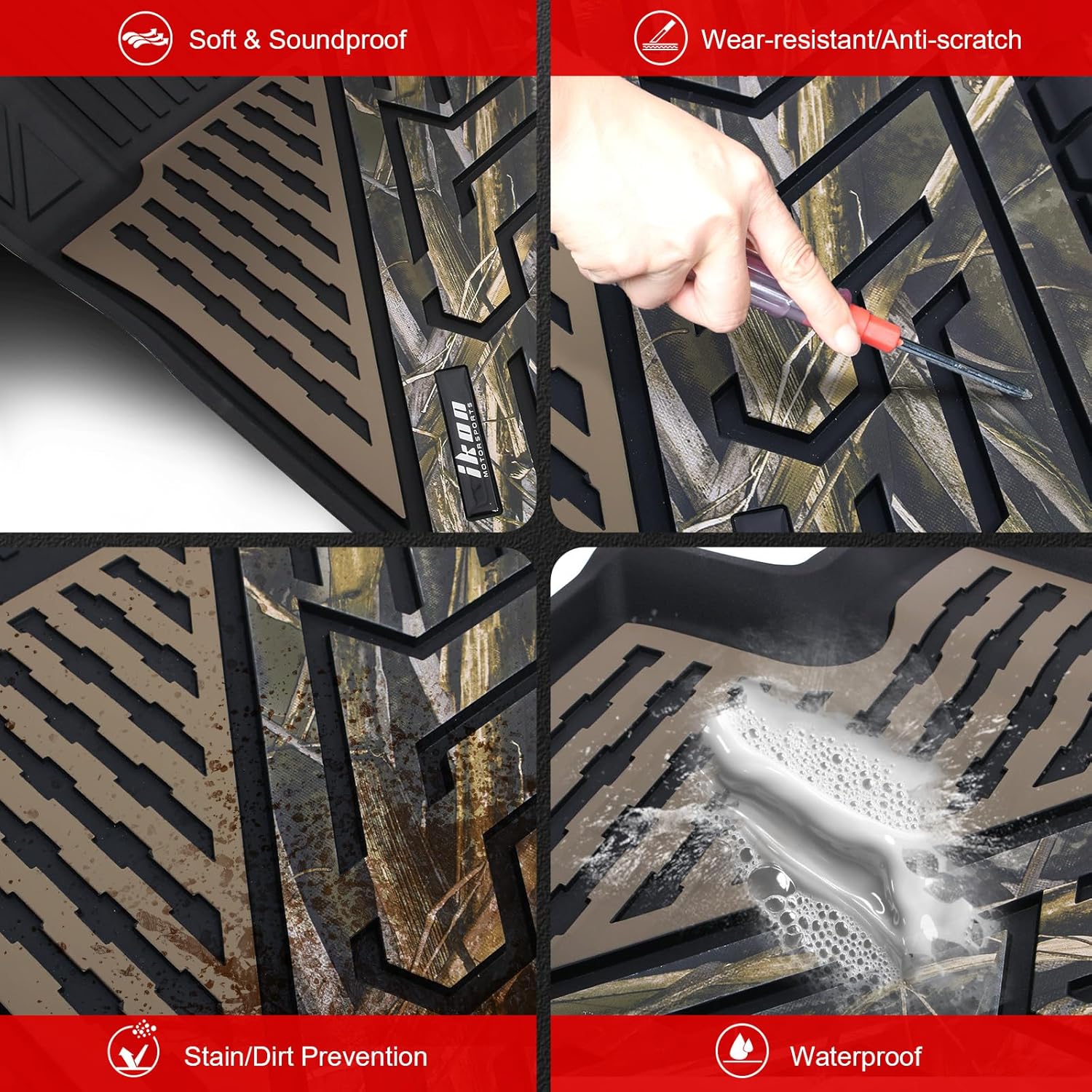 IKON MOTORSPORTS 3D TPE Floor Mats, Compatible with 2021-2026 Ford Bronco 4-Door, All Weather Waterproof Non-Slip Floor Liners, Front & 2nd Row Full Set Car Interior Accessories, Black With Camouflage