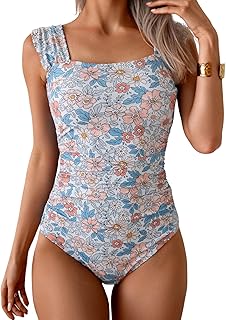 B2prity Womens One Piece Swimsuit Retro Square Neck Tummy Control Bathing Suits Ruched Modest