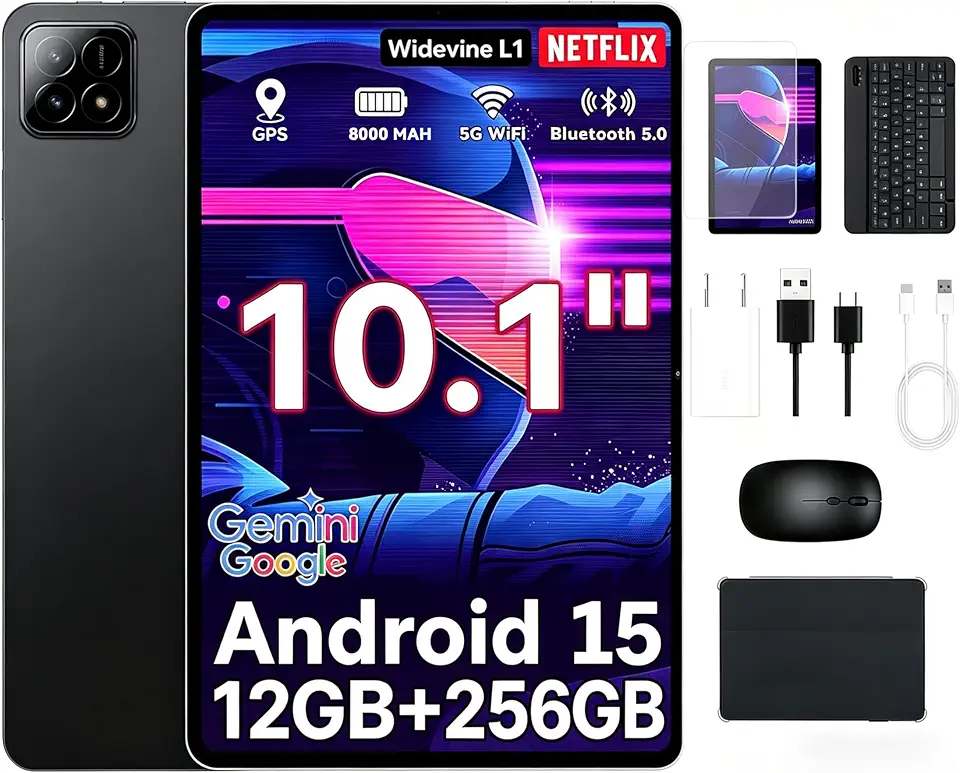 Tablet Xixaomiro S11 de 10,1 polegadas com Android 15,12 GB de RAM, 256 GB de ROM, 1920×1200, IPS, câmara dupla de 5 MP + 13 MP, Wi-Fi 6 + Bluetooth 5.0, bateria de 8000 mAh- preta