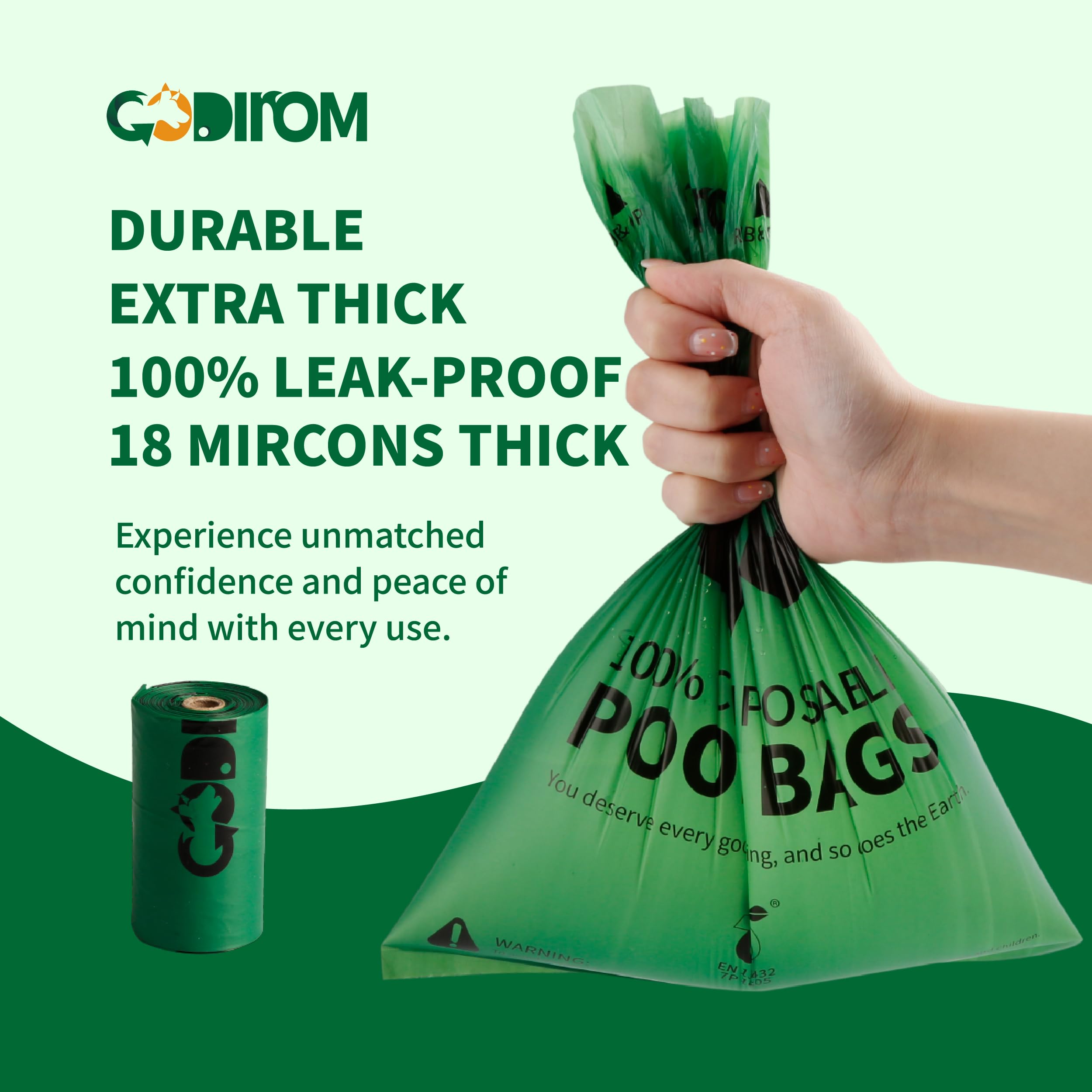 Bolsas certificadas 100% compostables para excrementos de perros, 270 unidades garantizadas a prueba de fugas y 20% extra gruesas, 18 rollos de bolsa para excrementos de perro, sin perfume,