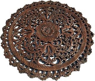 Bali Round Wood Carving Wall Art Plaque. Floral Art Decor Panel.24" Dark Brown
