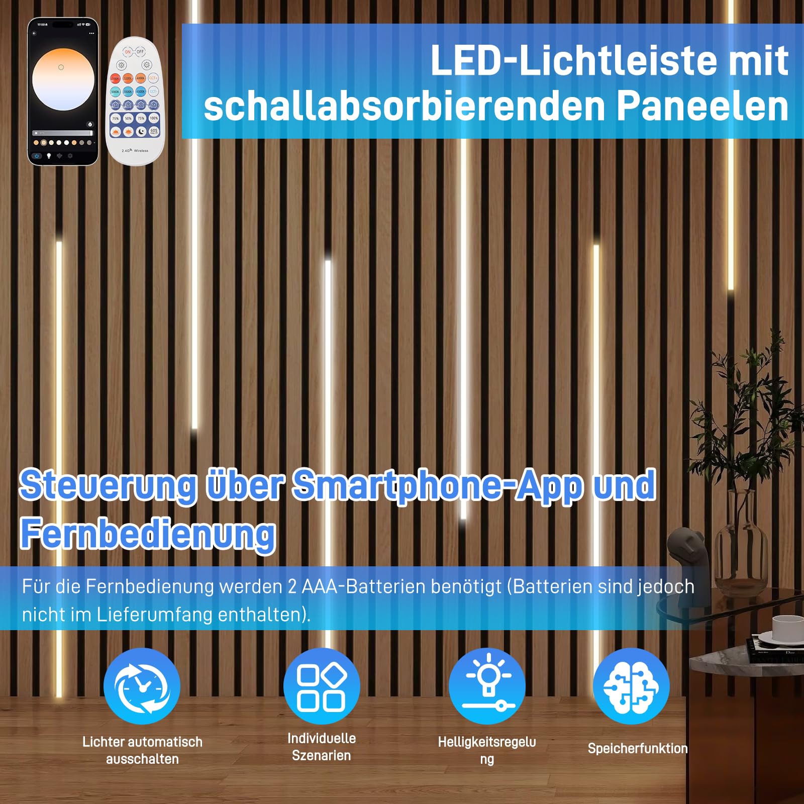 6 x 90 cm LED do paneli akustycznych, 3 regulowane kolory światła, listwa LED, oświetlenie 2700-6500 K, panele akustyczne, aplikacja i pilot zdalnego sterowania, samoprzylepna listwa świetlna